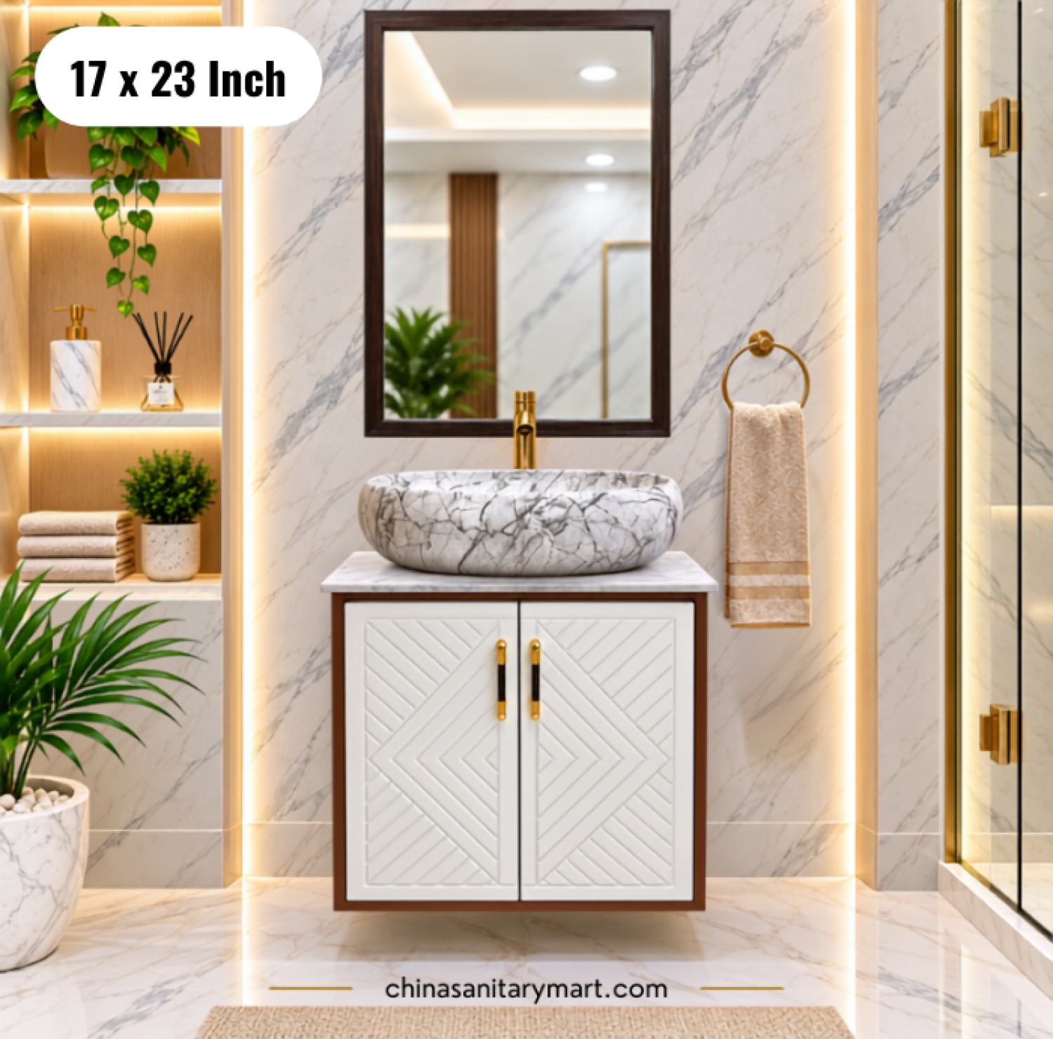 17x23 white basin cabinet, white bathroom vanity, white top basin cabinet with faucet, basin cabinet with mirror, white bathroom vanity Bangladesh