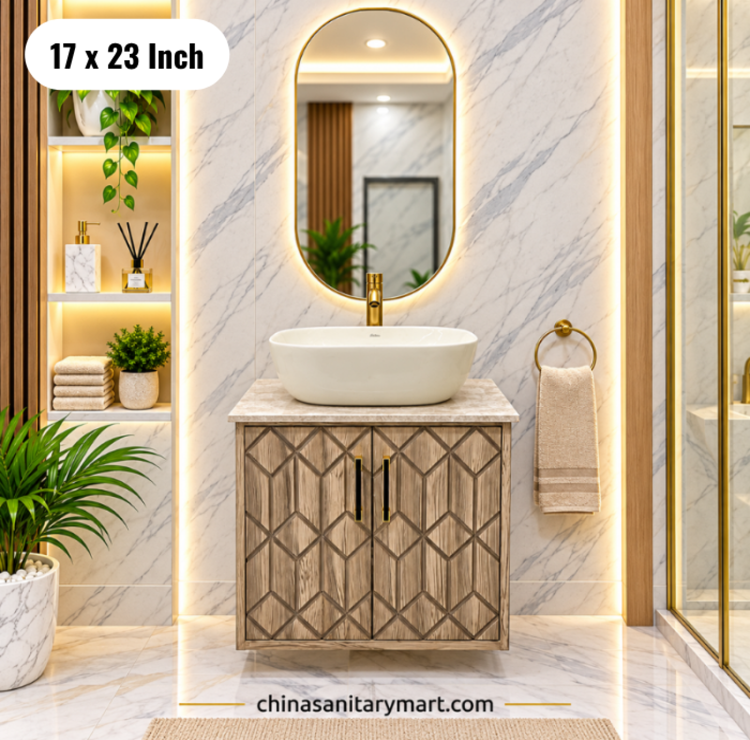 17x23 wooden texture basin cabinet, wooden bathroom vanity, wooden basin cabinet with top basin, vanity with faucet and mirror, bathroom vanity Bangladesh