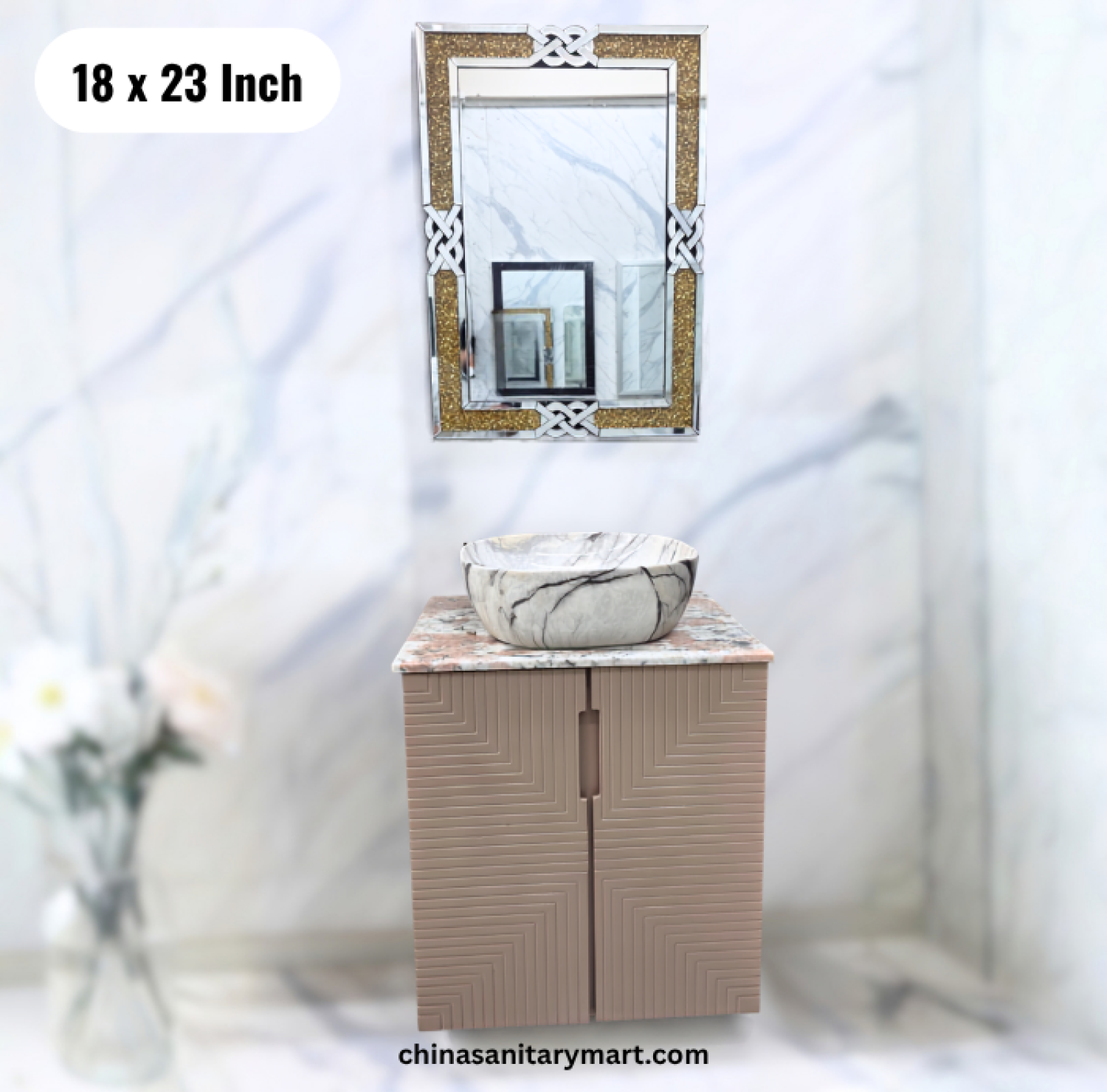 18x23 pink basin cabinet, pink bathroom vanity with top basin, pink basin cabinet with faucet and mirror, pink bathroom vanity set, bathroom cabinet Bangladesh
