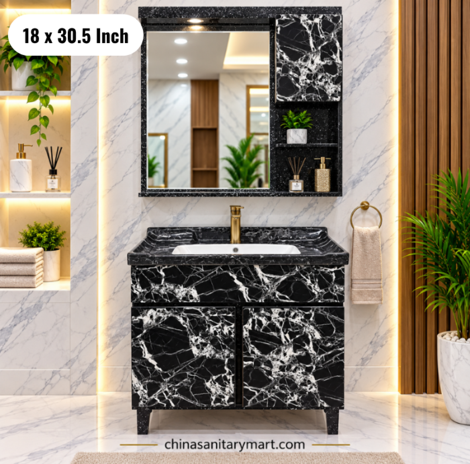 18x30.5 black basin cabinet, black bathroom vanity with integrated basin, black basin cabinet with faucet and mirror, black marble vanity set, bathroom cabinet Bangladesh