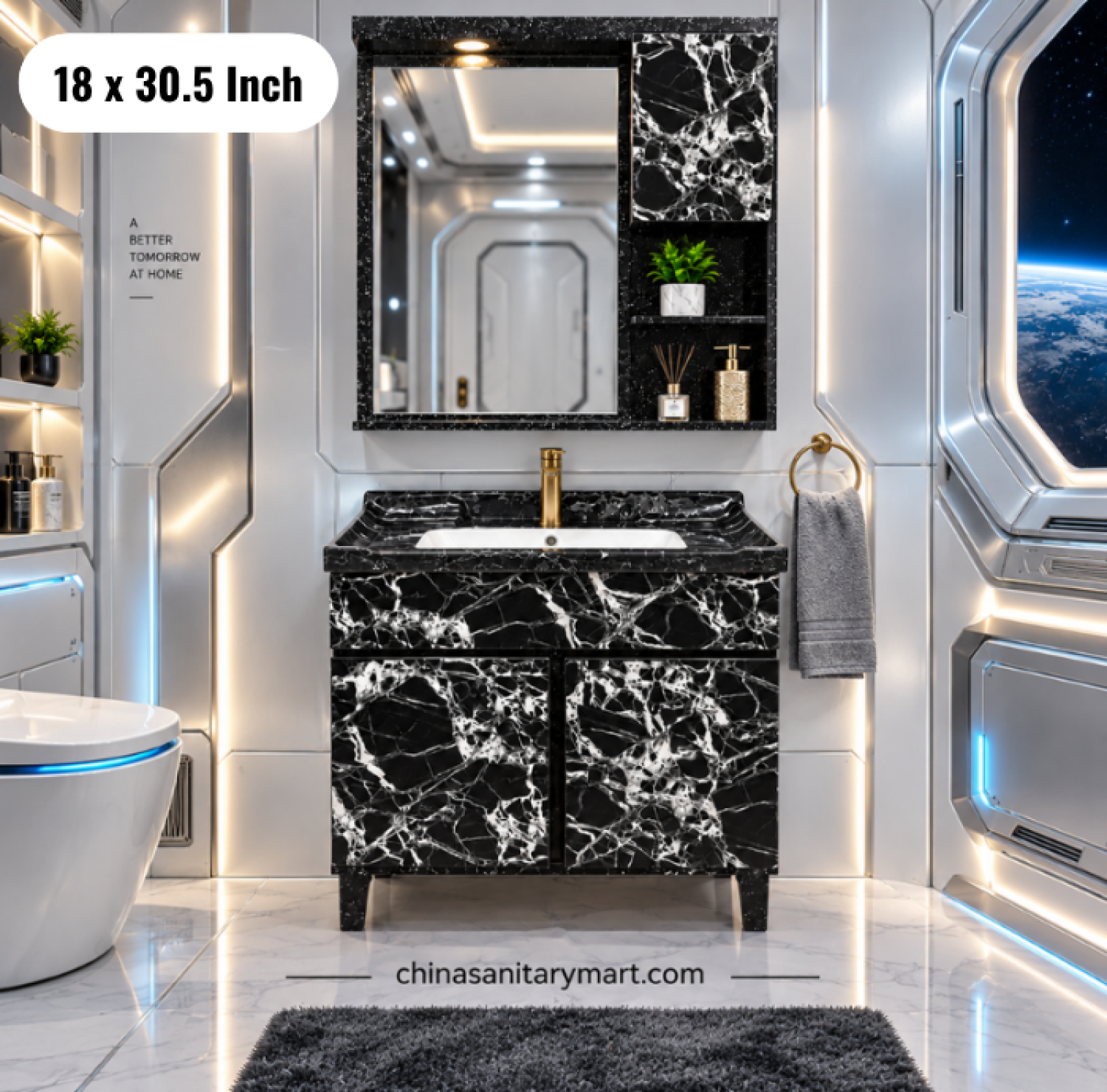 18x30.5 black basin cabinet, black bathroom vanity with integrated basin, black basin cabinet with faucet and mirror, black marble vanity set, bathroom cabinet Bangladesh