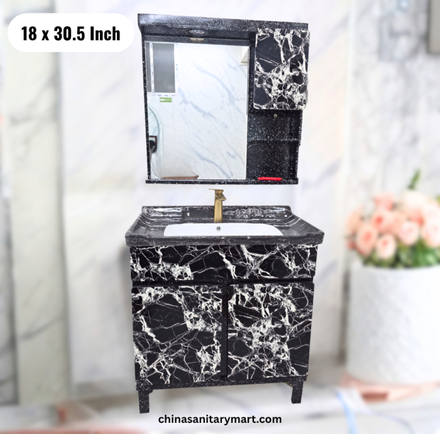 18x30.5 black basin cabinet, black bathroom vanity with integrated basin, black basin cabinet with faucet and mirror, black marble vanity set, bathroom cabinet Bangladesh