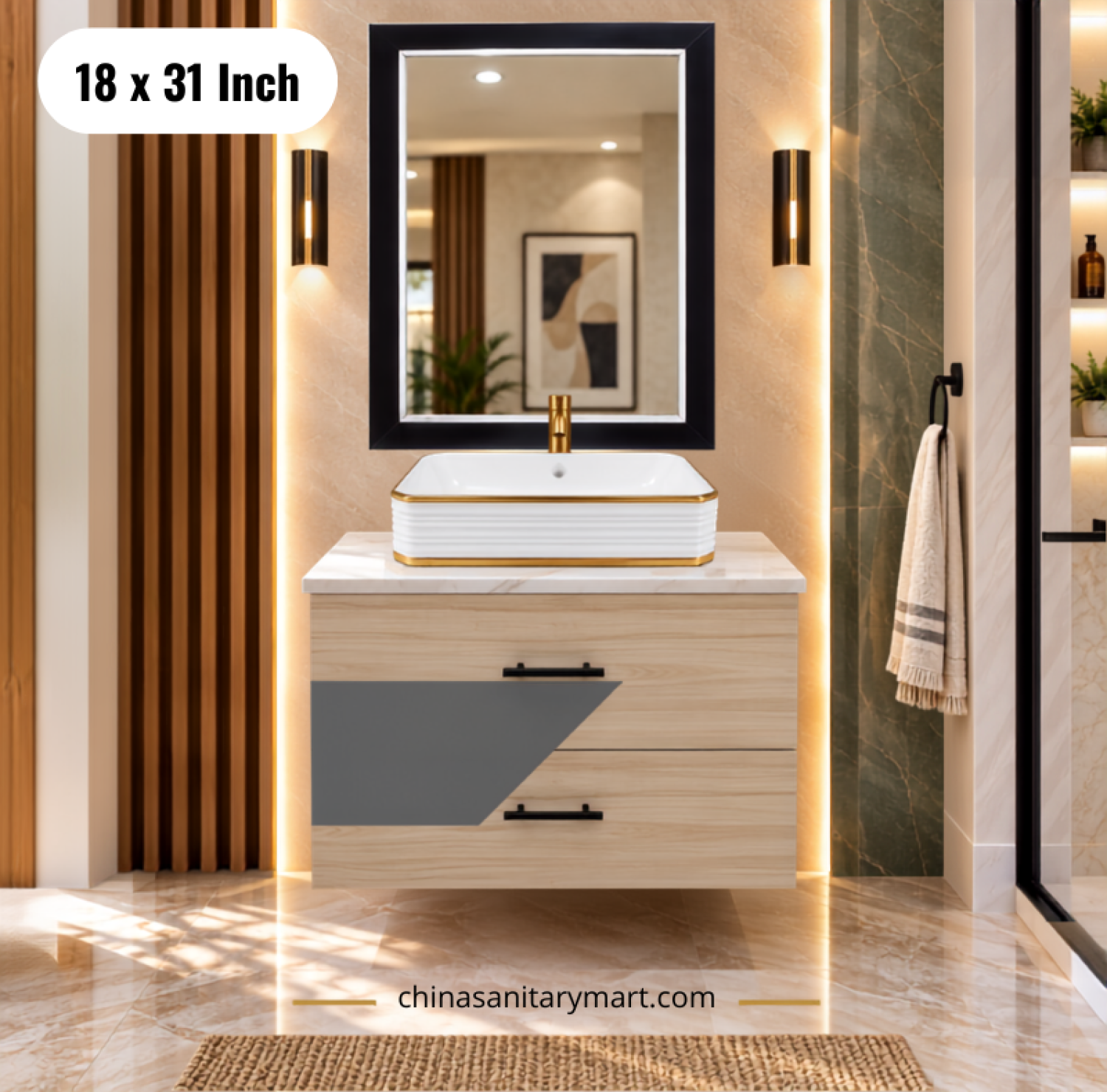 18x31 wooden basin cabinet, wooden bathroom vanity with top basin, wall mounted basin cabinet with faucet and mirror, wooden vanity Bangladesh
