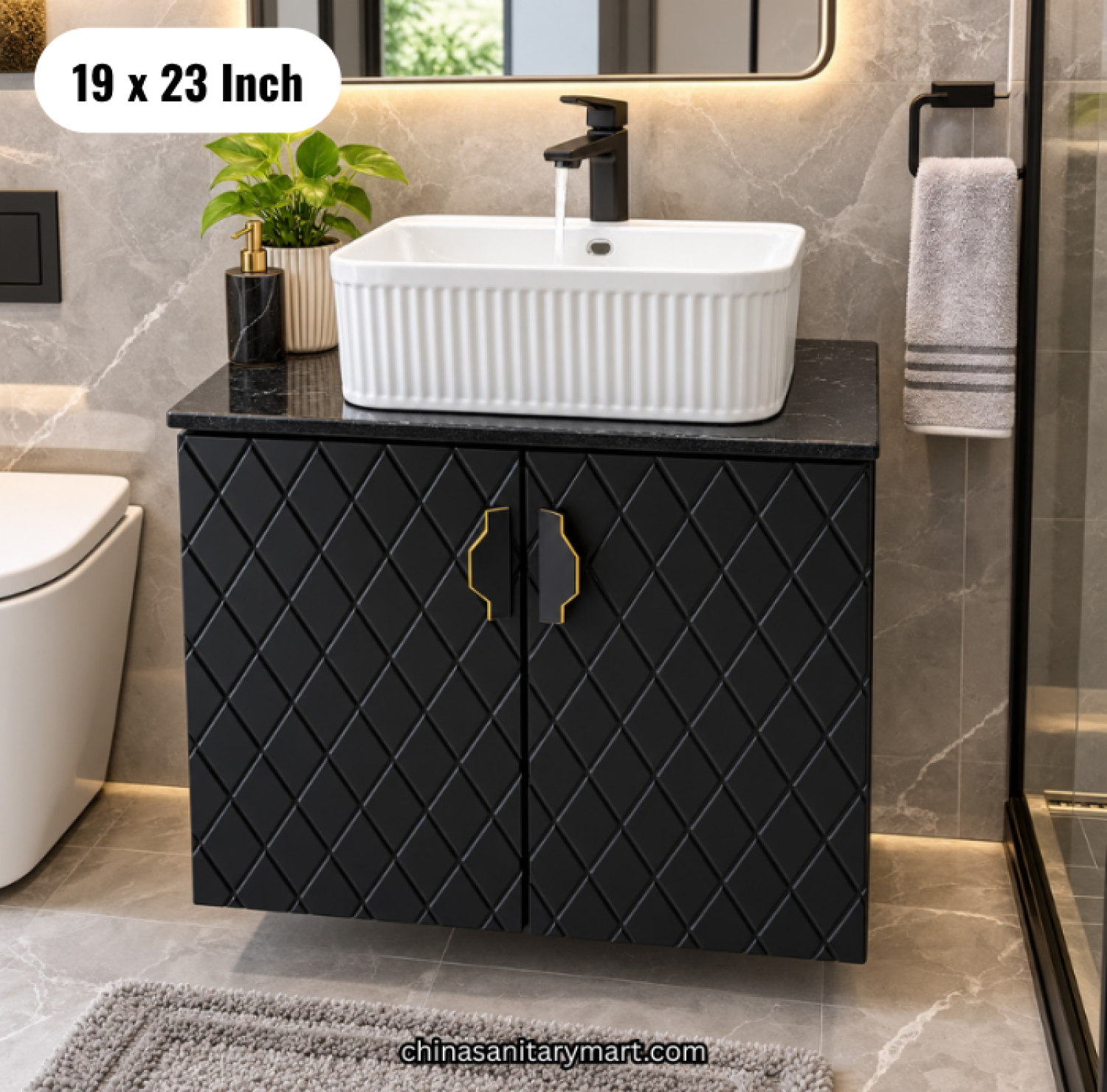 19x23 black basin cabinet, black bathroom vanity with white top basin, black basin cabinet with faucet and mirror, wall mounted vanity Bangladesh