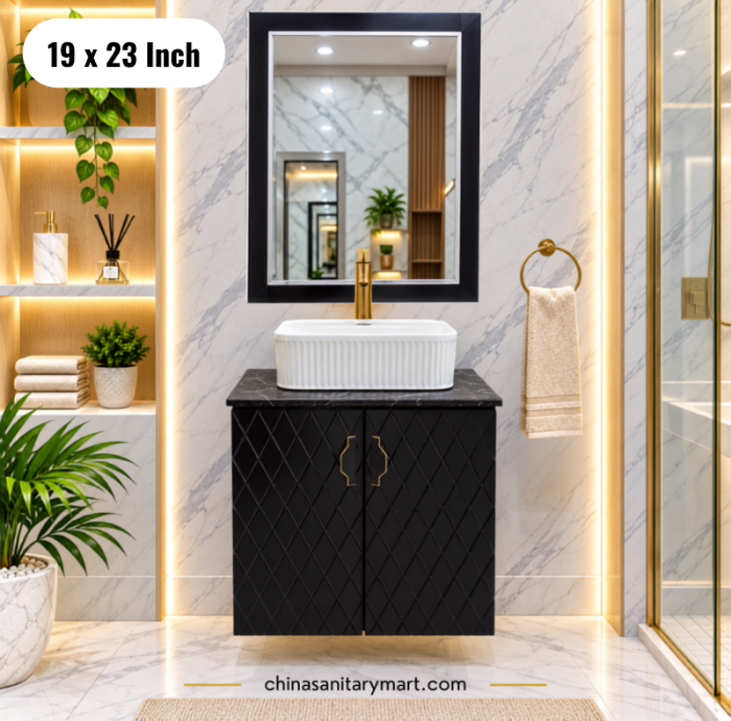 19x23 black basin cabinet, black bathroom vanity with white top basin, black basin cabinet with faucet and mirror, wall mounted vanity Bangladesh