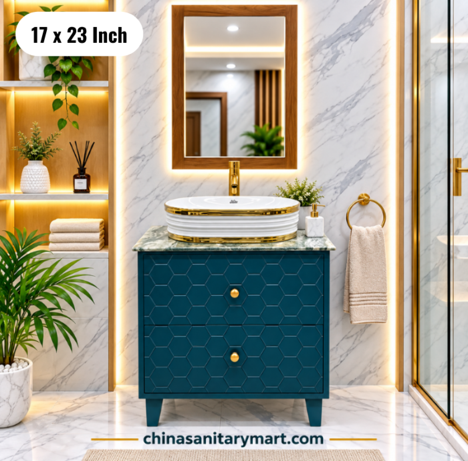 19x27 dark green basin cabinet, dark green bathroom vanity with top basin, green basin cabinet with faucet and mirror, hexagon texture bathroom cabinet, green vanity Bangladesh
