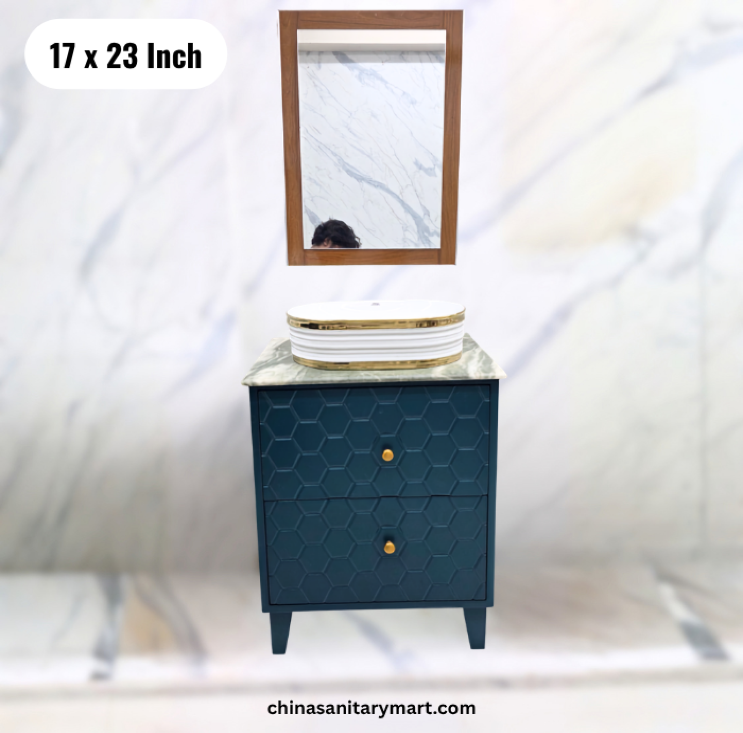19x27 dark green basin cabinet, dark green bathroom vanity with top basin, green basin cabinet with faucet and mirror, hexagon texture bathroom cabinet, green vanity Bangladesh