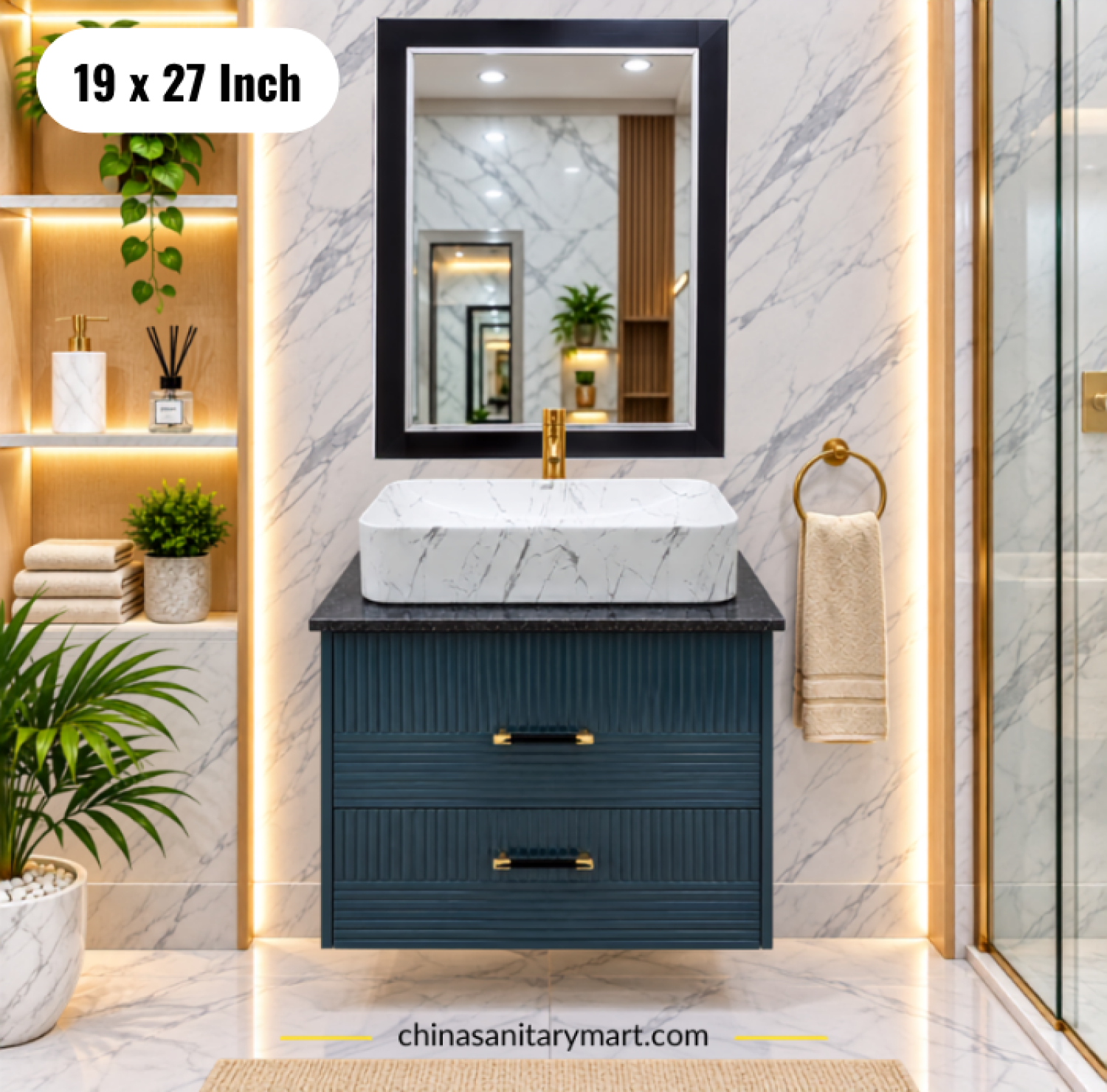 19x27 deep blue basin cabinet, deep blue bathroom vanity with white marble basin, blue basin cabinet with faucet and mirror, ribbed bathroom vanity, blue bathroom cabinet Bangladesh