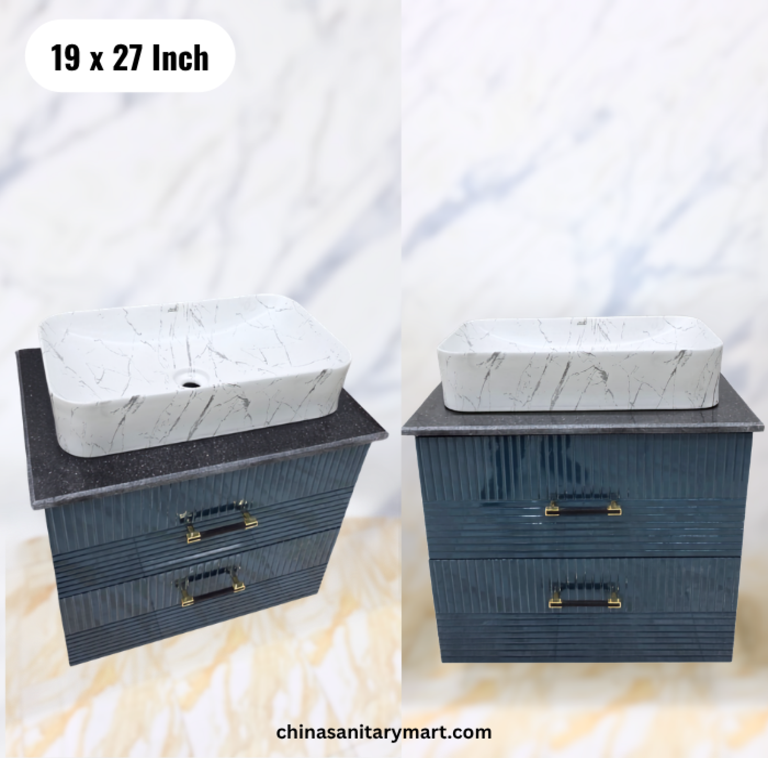 19x27 deep blue basin cabinet, deep blue bathroom vanity with white marble basin, blue basin cabinet with faucet and mirror, ribbed bathroom vanity, blue bathroom cabinet Bangladesh