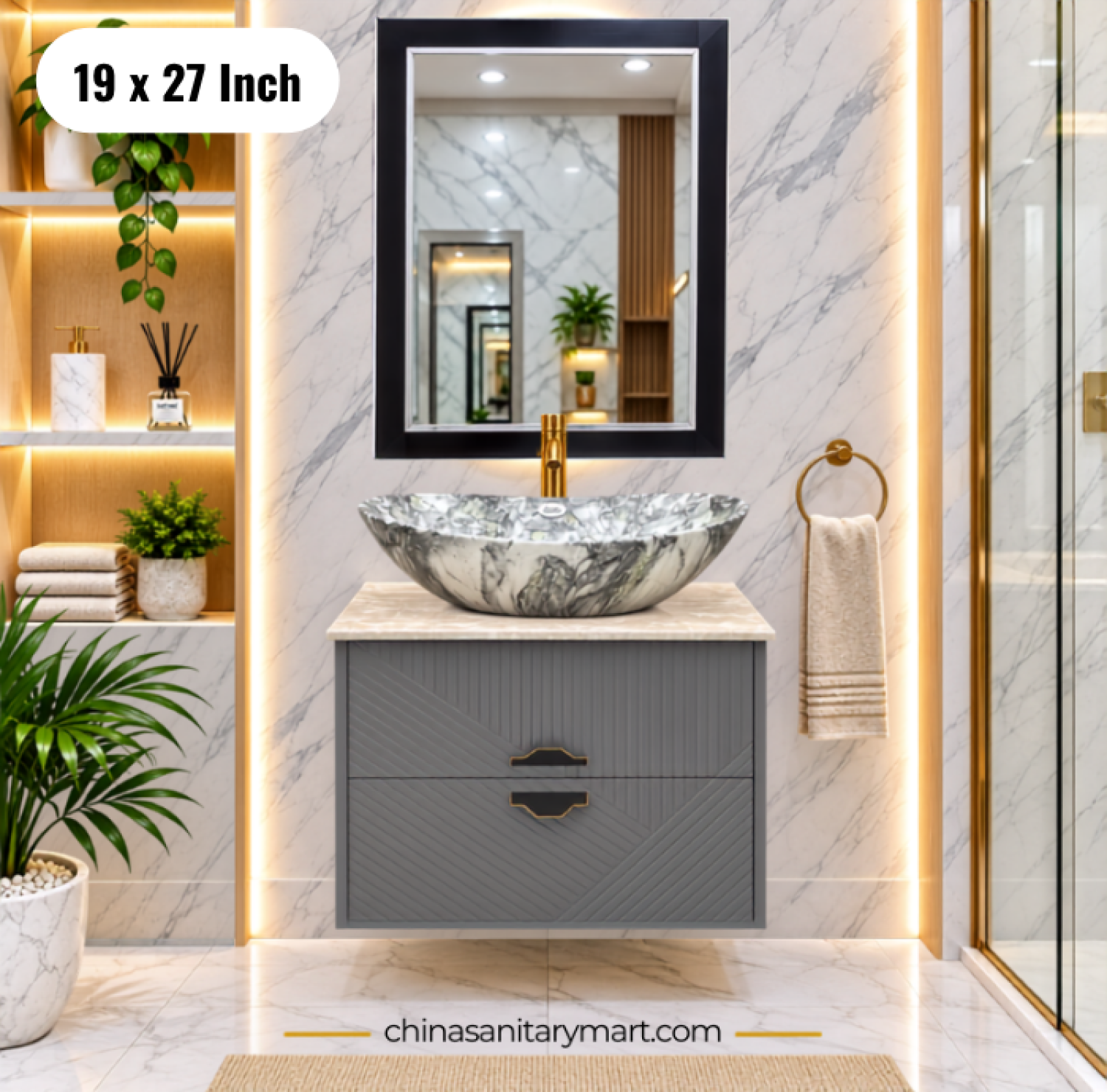 19x27 green basin cabinet, green bathroom vanity with marble basin, green basin cabinet with faucet and mirror, wall mounted bathroom vanity, green bathroom cabinet Bangladesh