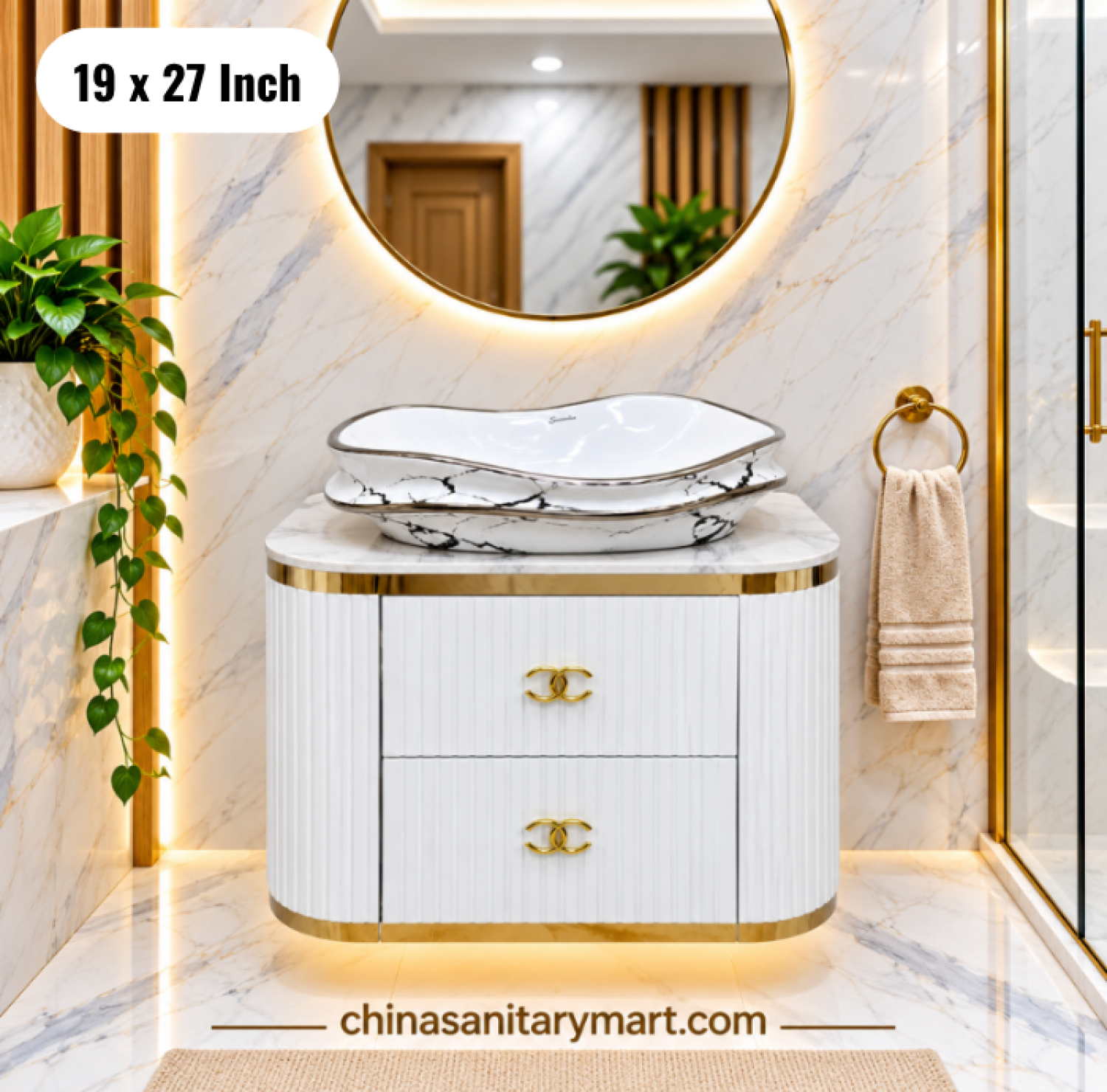 19x27 white gold basin cabinet, white top basin vanity, luxury white gold bathroom cabinet, basin cabinet with faucet and mirror, vanity Bangladesh