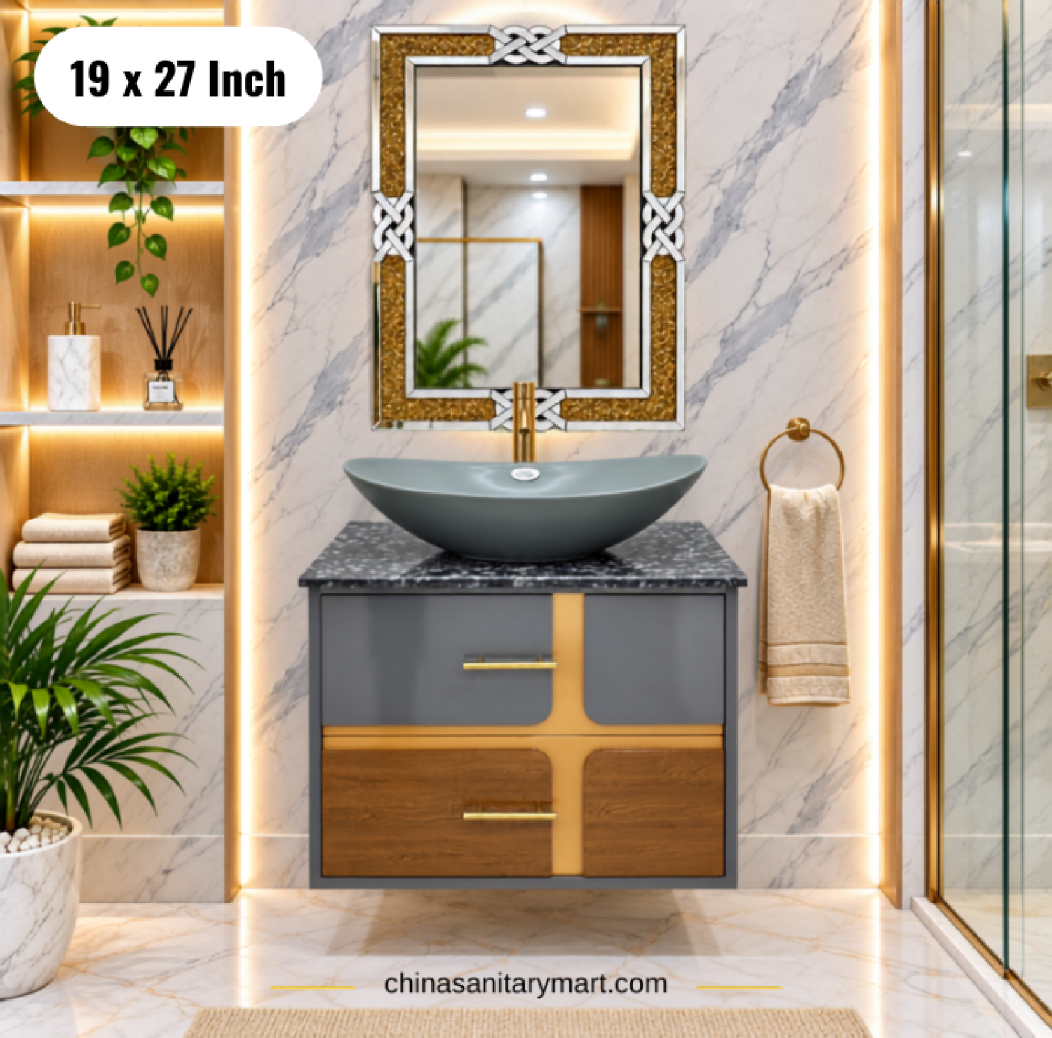 19x27 grey wooden texture basin cabinet, grey top basin vanity, wood texture bathroom cabinet, basin cabinet with faucet and mirror, modern vanity Bangladesh