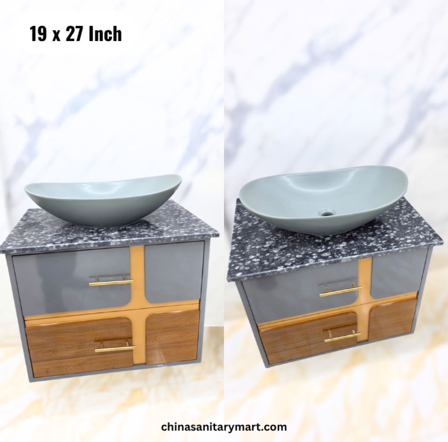 19x27 grey wooden texture basin cabinet, grey top basin vanity, wood texture bathroom cabinet, basin cabinet with faucet and mirror, modern vanity Bangladesh