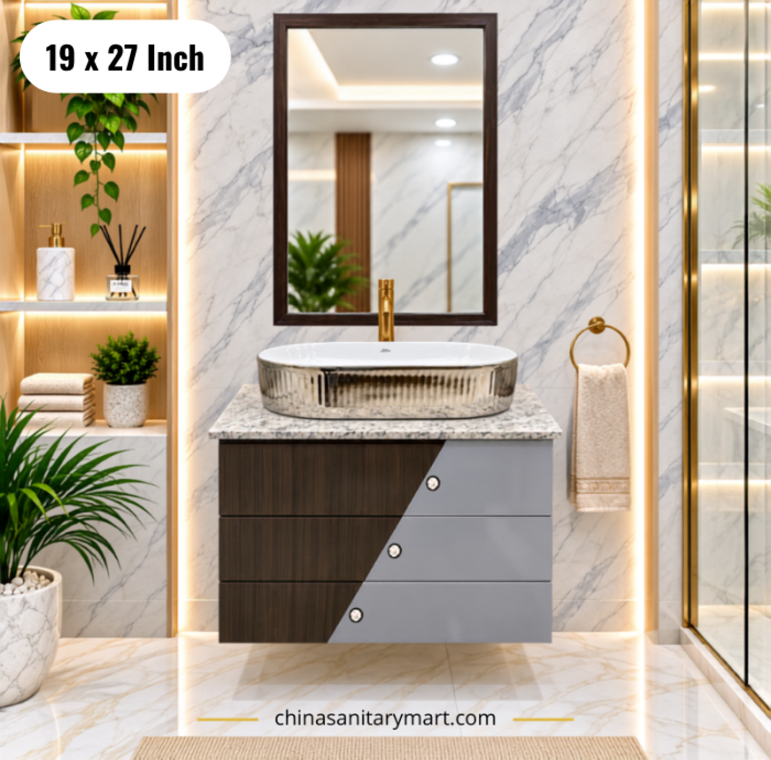 19x27 wooden texture wall hung basin cabinet, silver top basin vanity, wooden bathroom cabinet, silver basin cabinet with faucet and mirror, modern wall hung vanity Bangladesh