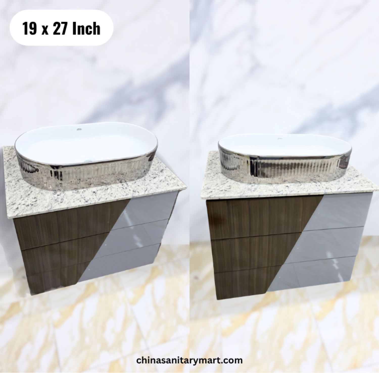 19x27 wooden texture wall hung basin cabinet, silver top basin vanity, wooden bathroom cabinet, silver basin cabinet with faucet and mirror, modern wall hung vanity Bangladesh