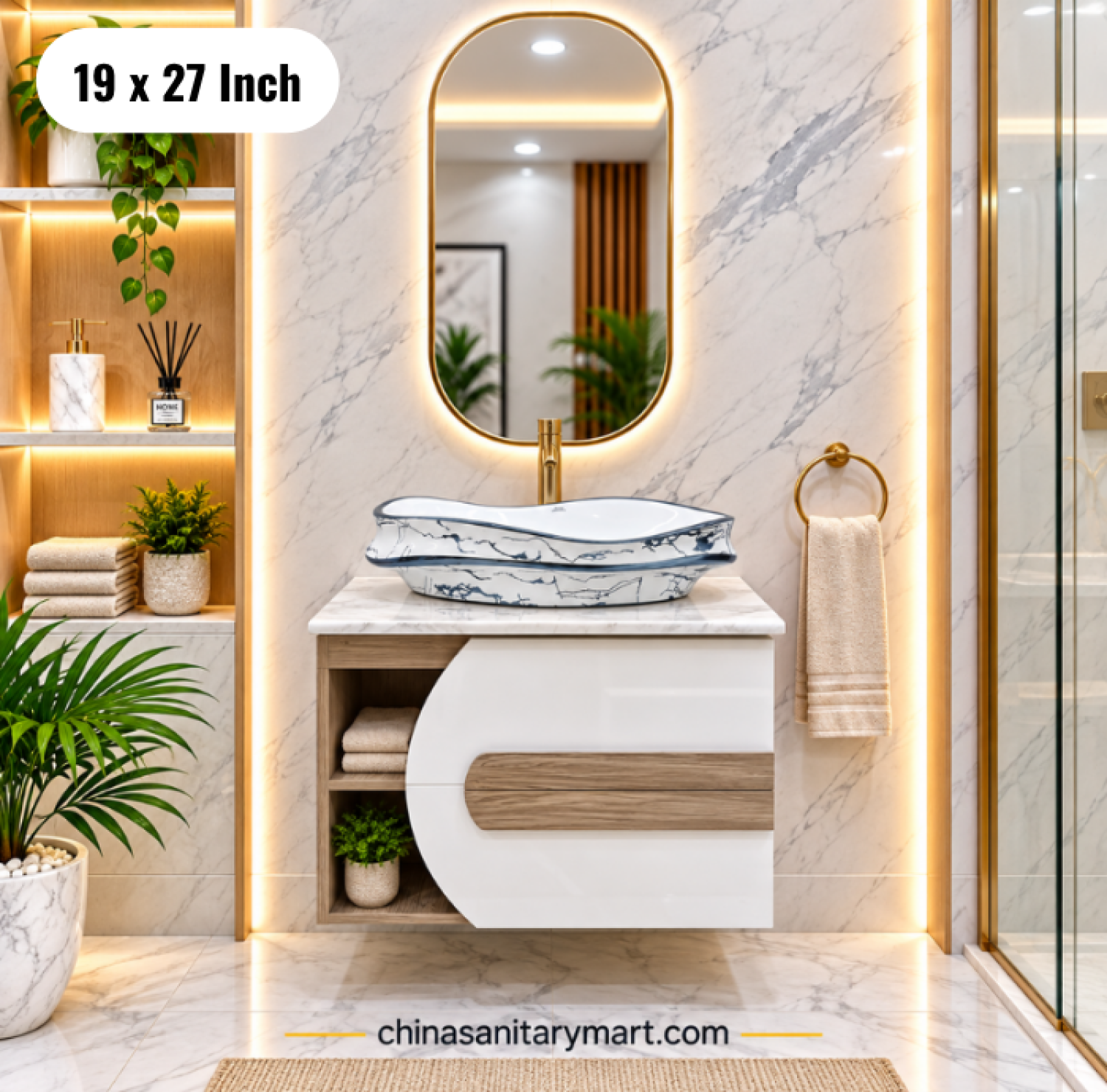 19x27 wooden texture basin cabinet, white wooden bathroom vanity, basin cabinet with storage, top basin with faucet and mirror, modern bathroom vanity Bangladesh