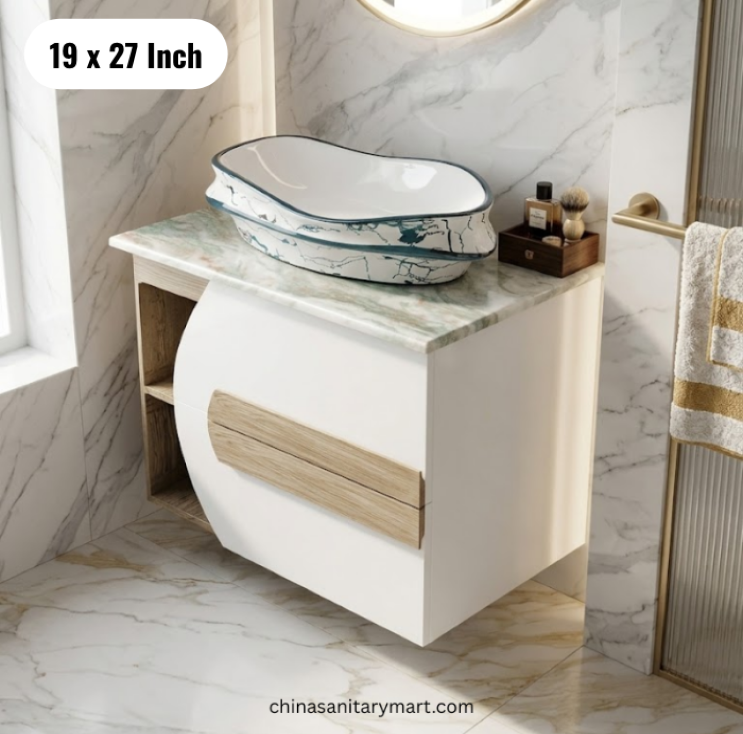 19x27 wooden texture basin cabinet, white wooden bathroom vanity, basin cabinet with storage, top basin with faucet and mirror, modern bathroom vanity Bangladesh