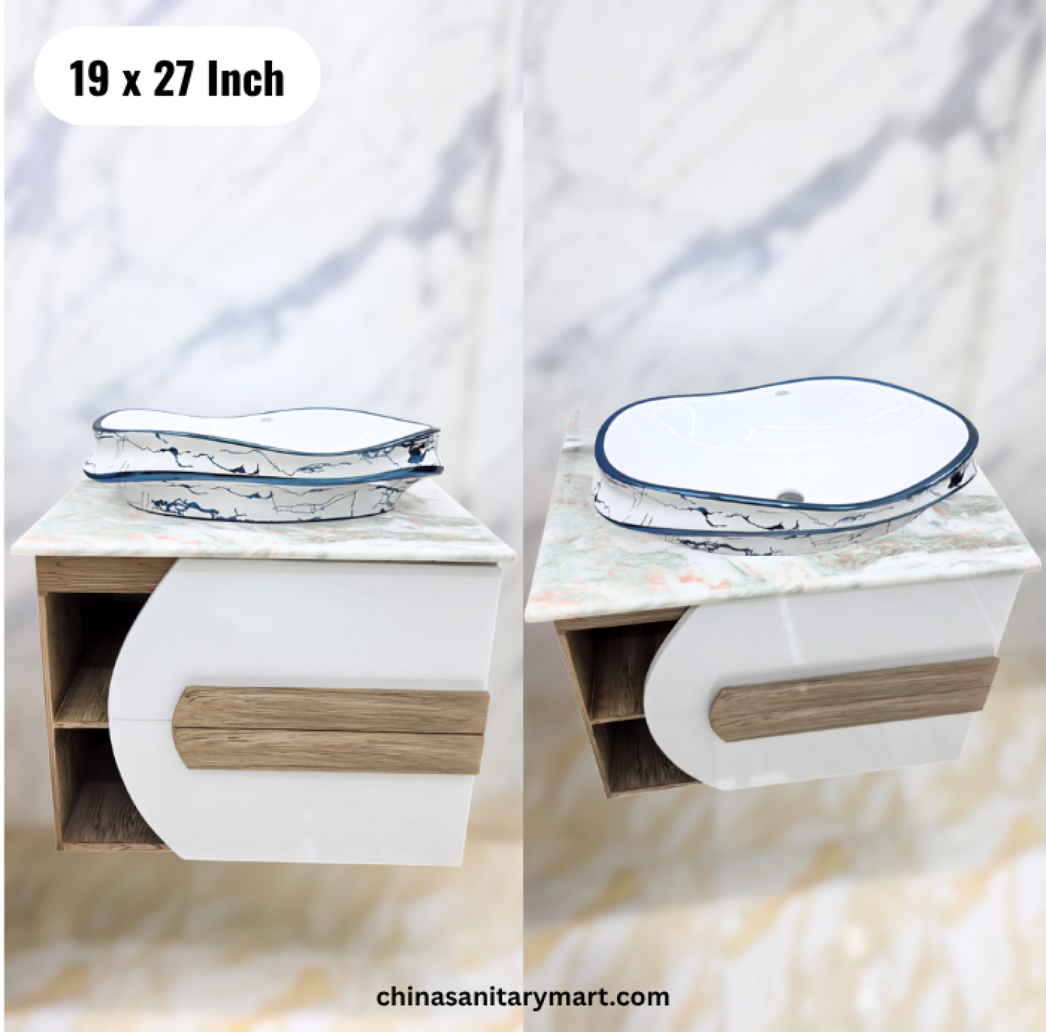 19x27 wooden texture basin cabinet, white wooden bathroom vanity, basin cabinet with storage, top basin with faucet and mirror, modern bathroom vanity Bangladesh