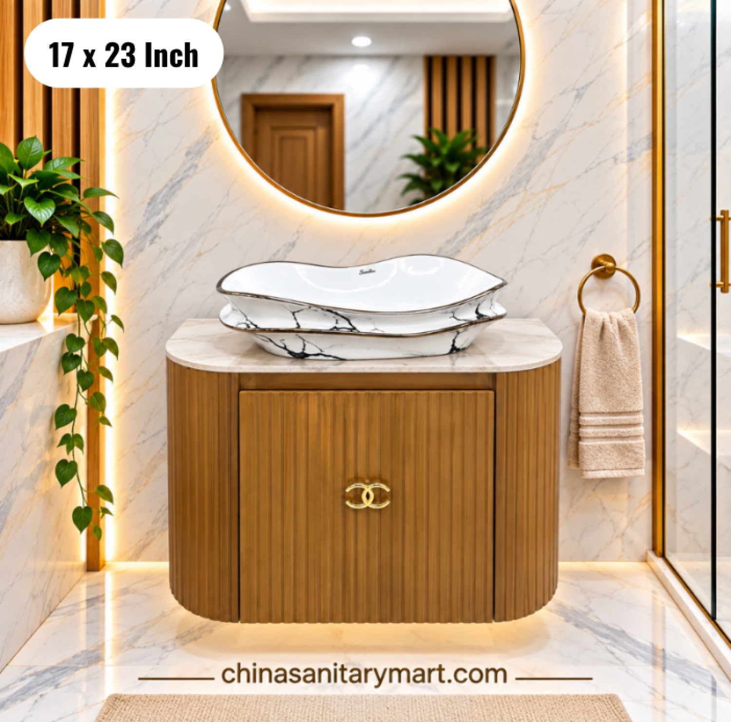 19x27 wooden texture basin cabinet, fluted wooden bathroom vanity, white top basin cabinet, basin vanity with faucet and mirror, modern bathroom cabinet Bangladesh