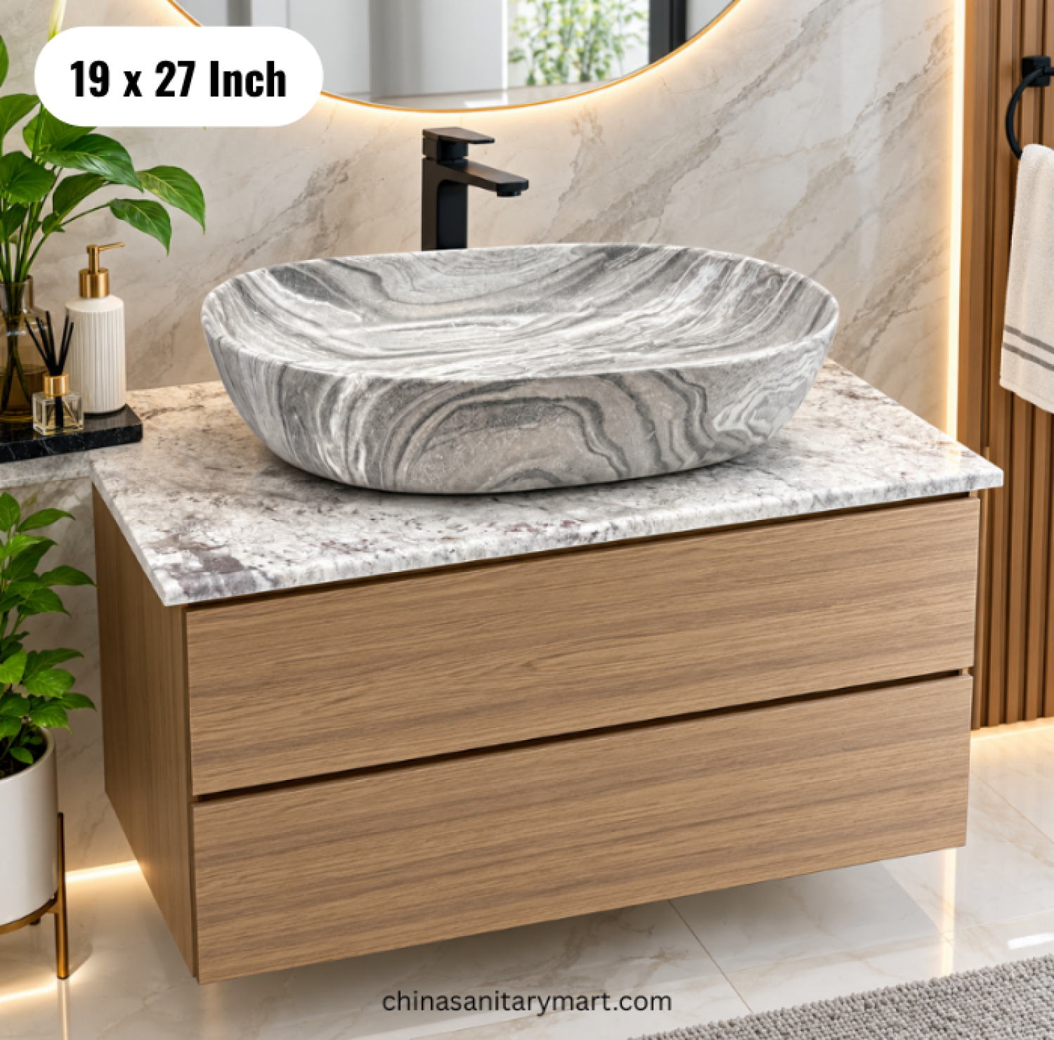 19x27 wooden basin cabinet, wooden bathroom vanity with top basin, marble effect basin cabinet, two drawer vanity, basin cabinet with faucet and mirror
