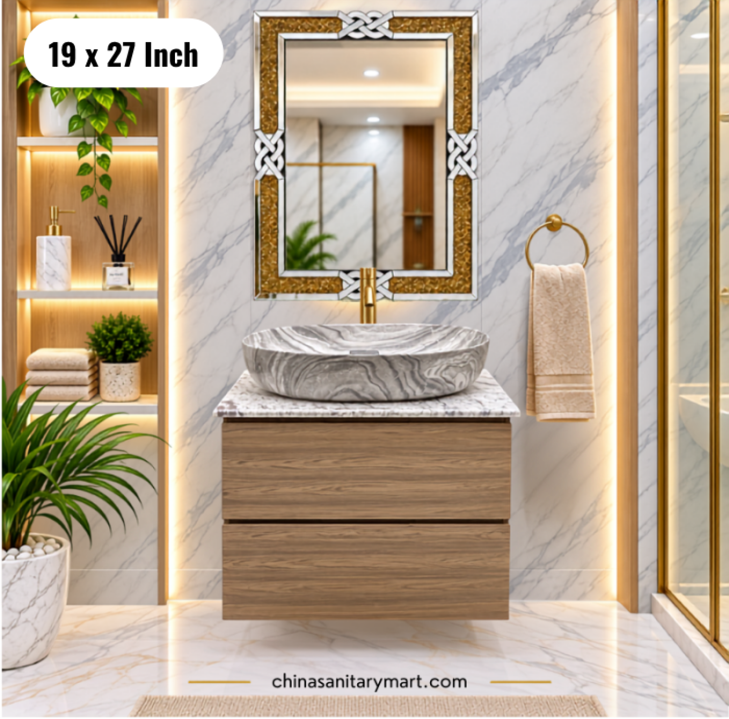 19x27 wooden basin cabinet, wooden bathroom vanity with top basin, marble effect basin cabinet, two drawer vanity, basin cabinet with faucet and mirror