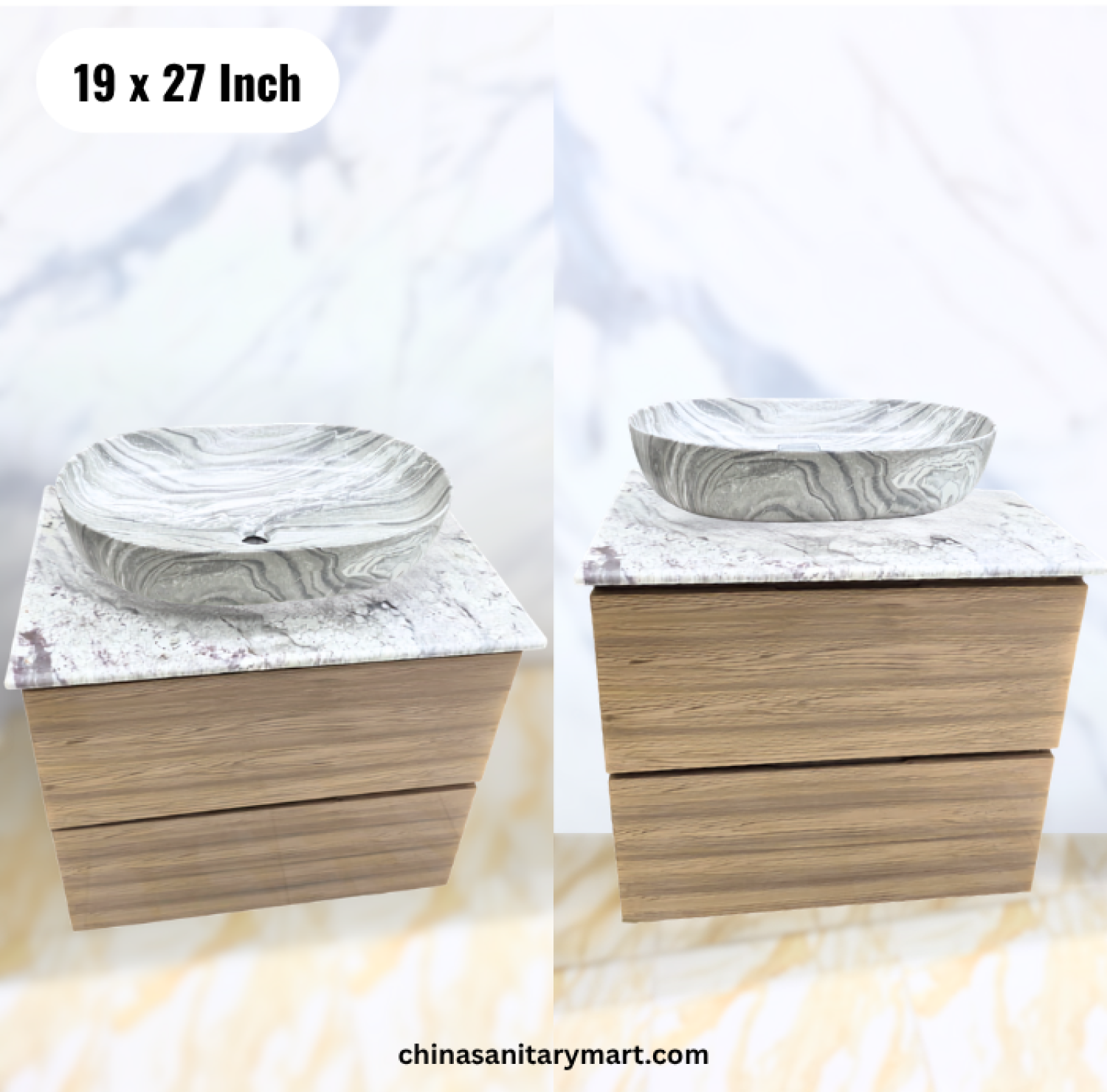 19x27 wooden basin cabinet, wooden bathroom vanity with top basin, marble effect basin cabinet, two drawer vanity, basin cabinet with faucet and mirror