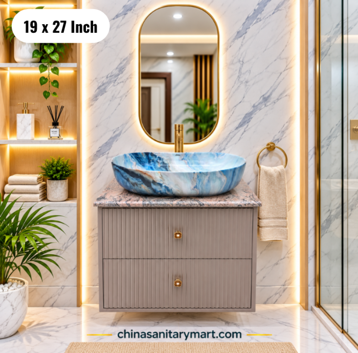 19x27 blue marble basin cabinet, blue marble top basin vanity, bathroom cabinet with faucet, basin cabinet with mirror, blue marble basin cabinet Bangladesh