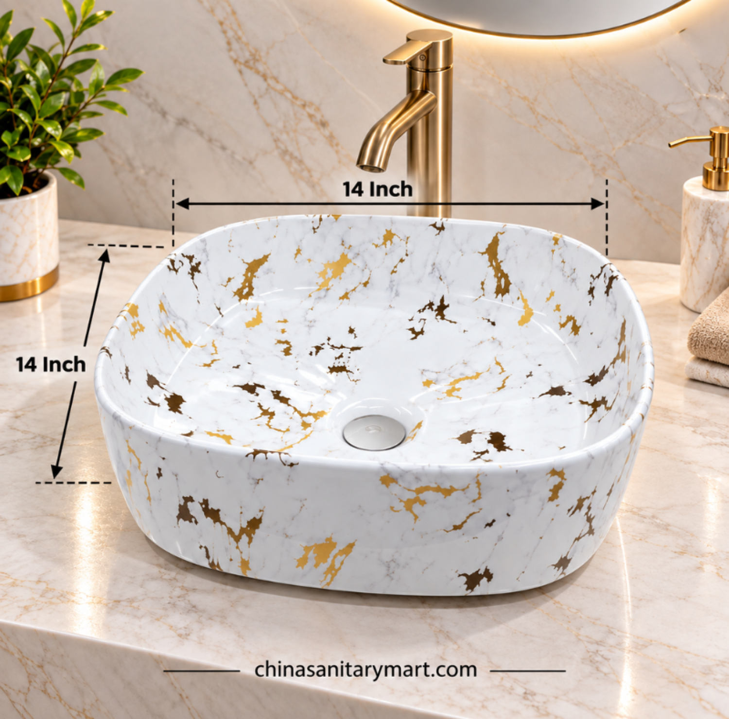 14x14 inch 0957 art basin, white marble gold art basin, 0957 countertop basin, designer bathroom basin, marble effect wash basin