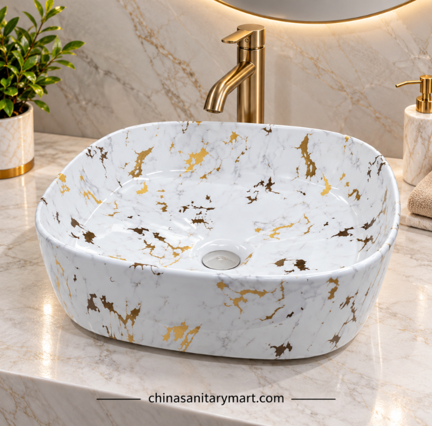 14x14 inch 0957 art basin, white marble gold art basin, 0957 countertop basin, designer bathroom basin, marble effect wash basin