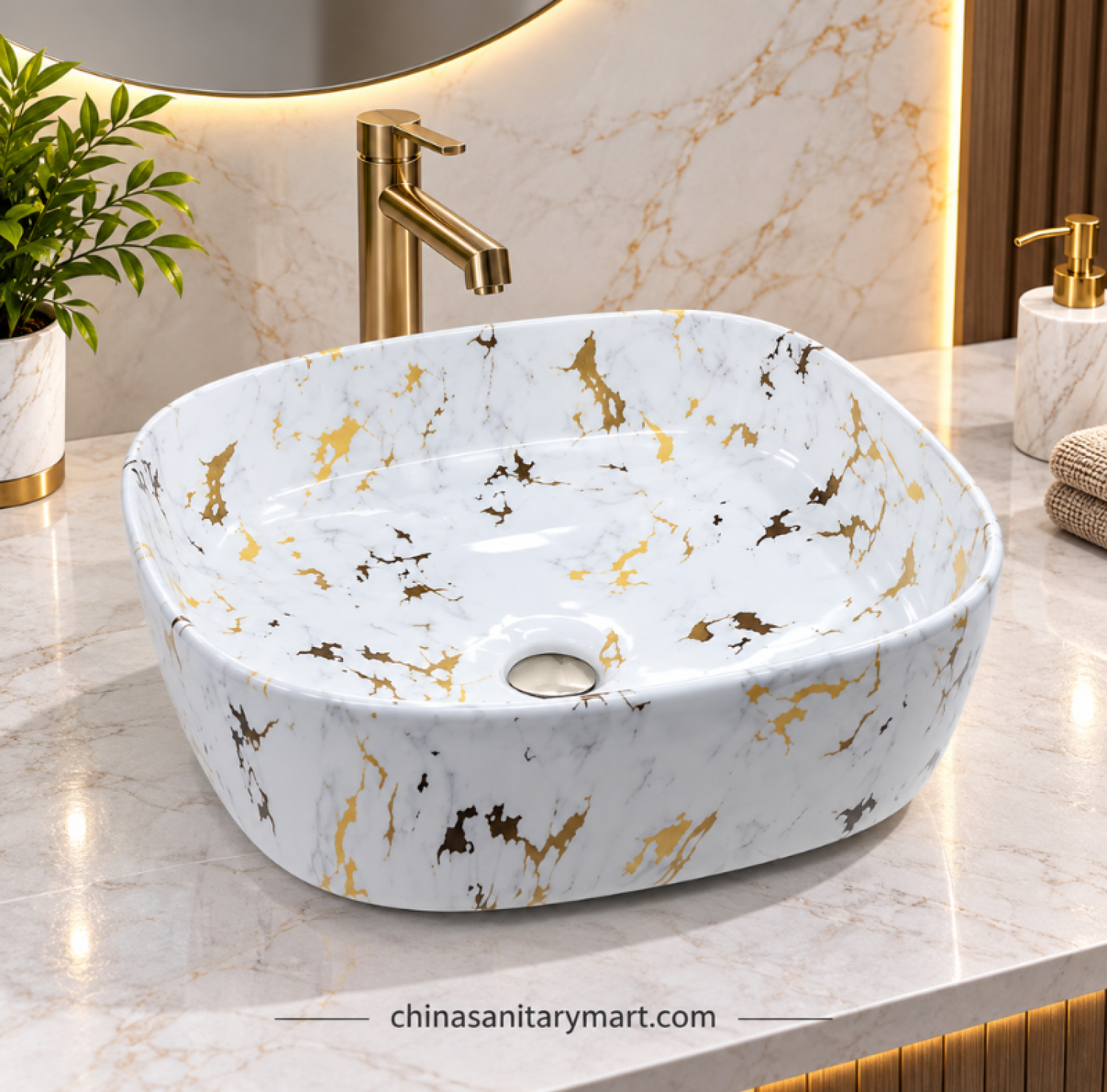 14x14 inch 0957 art basin, white marble gold art basin, 0957 countertop basin, designer bathroom basin, marble effect wash basin