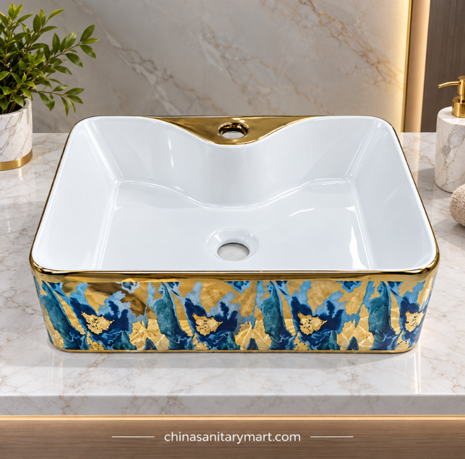 15x19 inch 952-D2 top basin, blue gold countertop basin, rectangular designer basin, luxury top basin, white blue gold wash basin