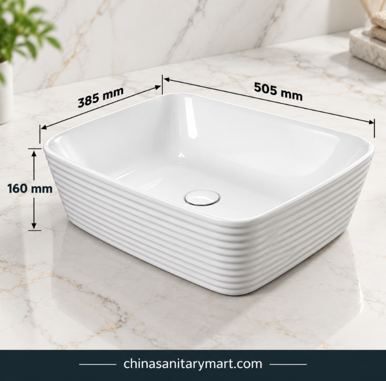 15.5x20 inch 0280 top basin, white ribbed countertop basin, 505x385x160mm basin, rectangular white wash basin, modern top basin