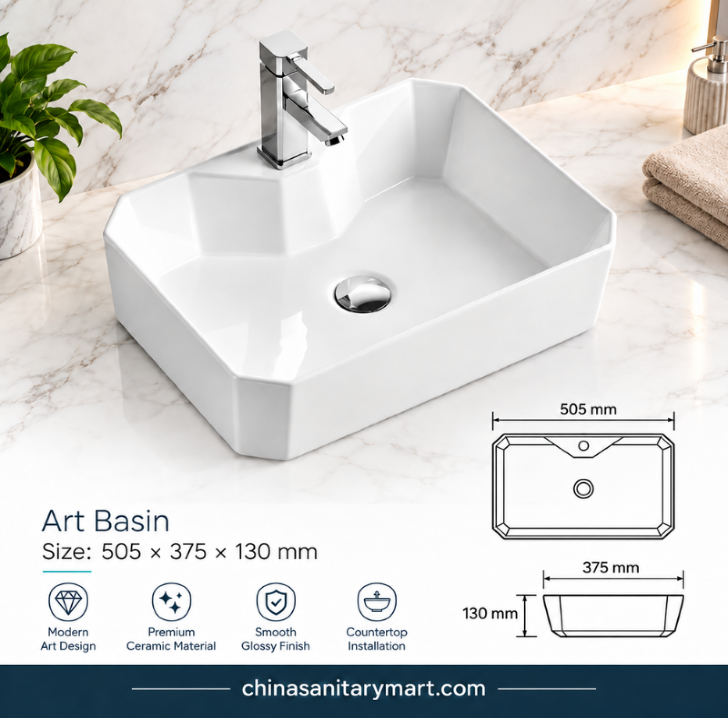 20x15 inch 0245A top basin, white ceramic countertop basin, 505x375x130mm basin, rectangular white wash basin, modern bathroom top basin