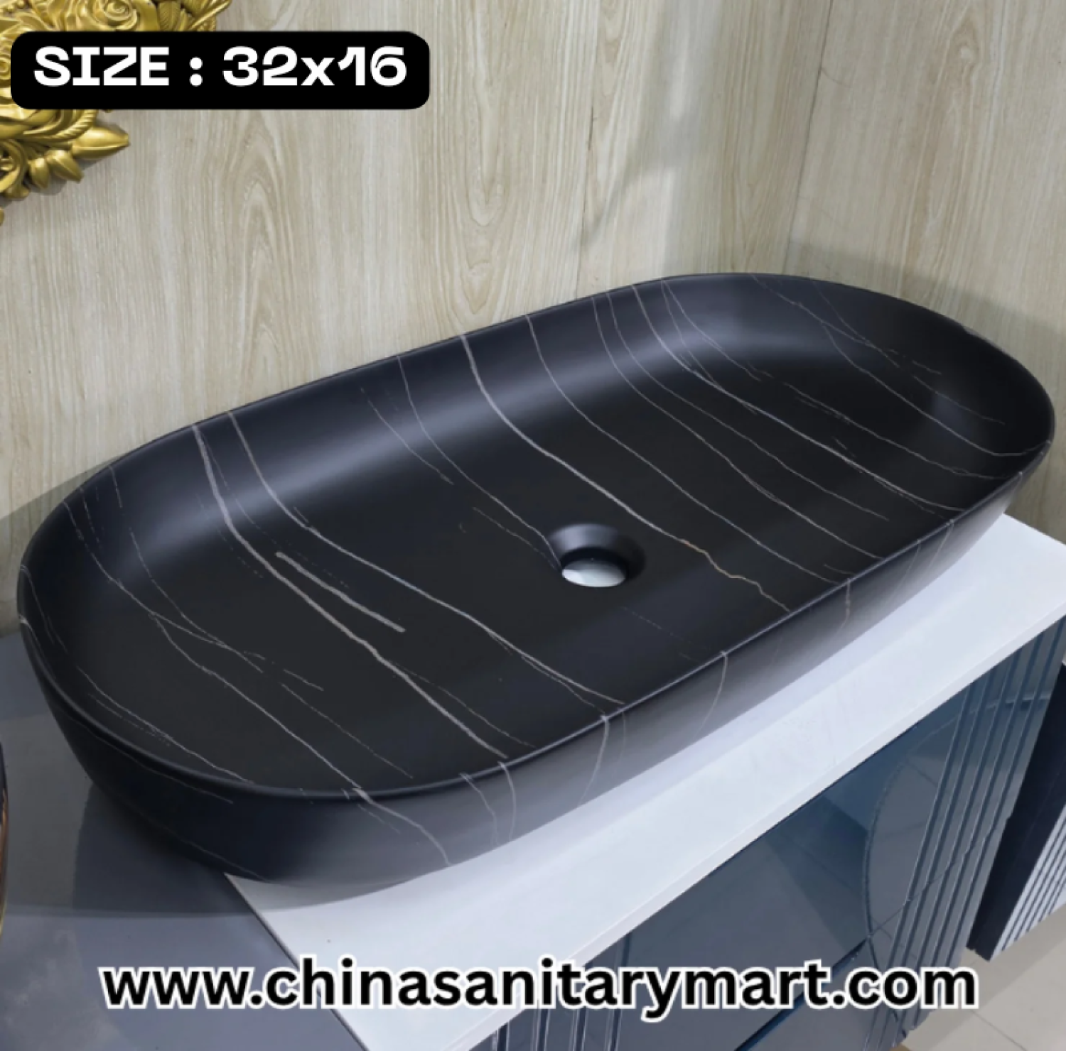 32x16 inch matte black large top basin, black countertop wash basin, large black bathroom basin, marble vein top basin, modern matte black basin