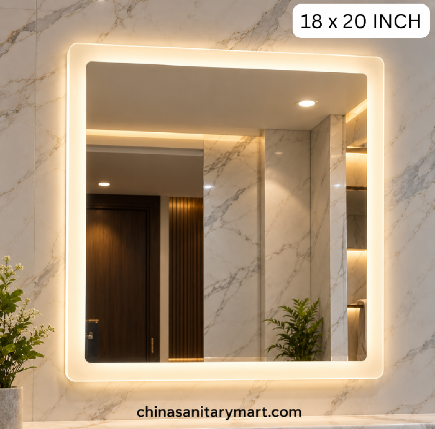 18x20 square LED mirror, frosted edge bathroom mirror, LED vanity mirror, illuminated square mirror, rounded square LED mirror, modern bathroom mirror