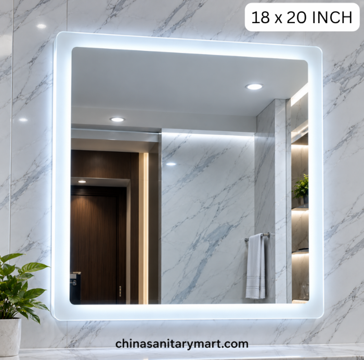 18x20 square LED mirror, frosted edge bathroom mirror, LED vanity mirror, illuminated square mirror, rounded square LED mirror, modern bathroom mirror