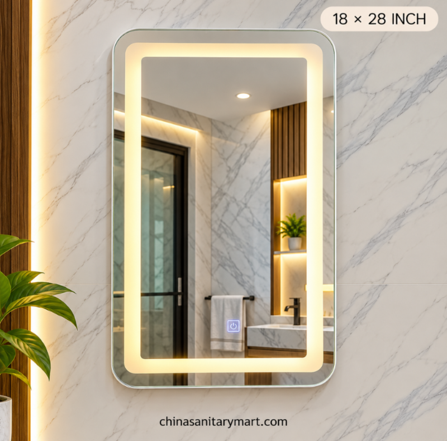 18x28 LED mirror, frosted inside silver frame mirror, rectangular LED bathroom mirror, silver vanity mirror, illuminated frosted mirror, modern bathroom LED mirror