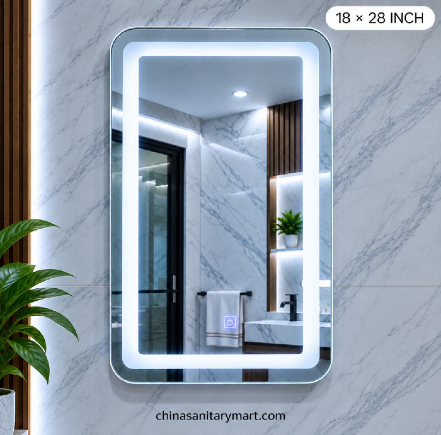 18x28 LED mirror, frosted inside silver frame mirror, rectangular LED bathroom mirror, silver vanity mirror, illuminated frosted mirror, modern bathroom LED mirror