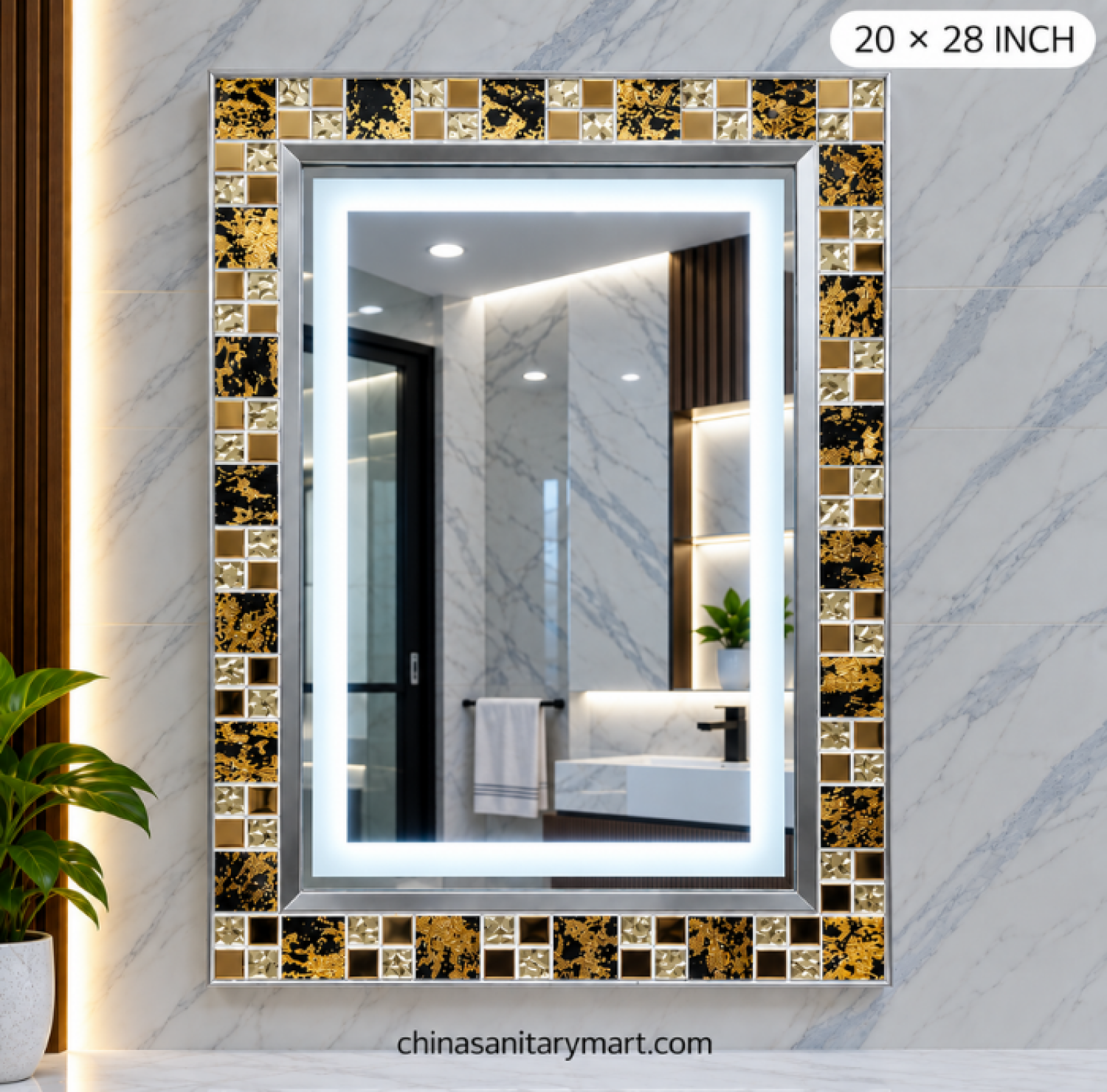 20x28 LED mirror, unique rectangle LED mirror, frosted inside mirror, silver frame bathroom mirror, decorative LED vanity mirror, gold black silver frame mirror