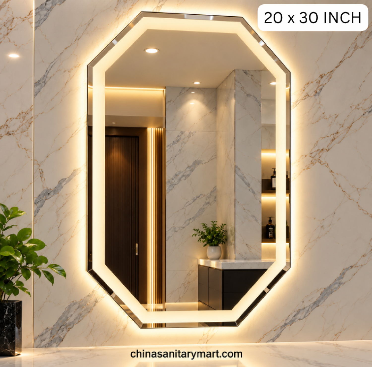 20x30 octagon LED mirror, beveled octagon mirror, frosted inside LED mirror, octagon bathroom mirror, designer LED vanity mirror, modern wall mirror