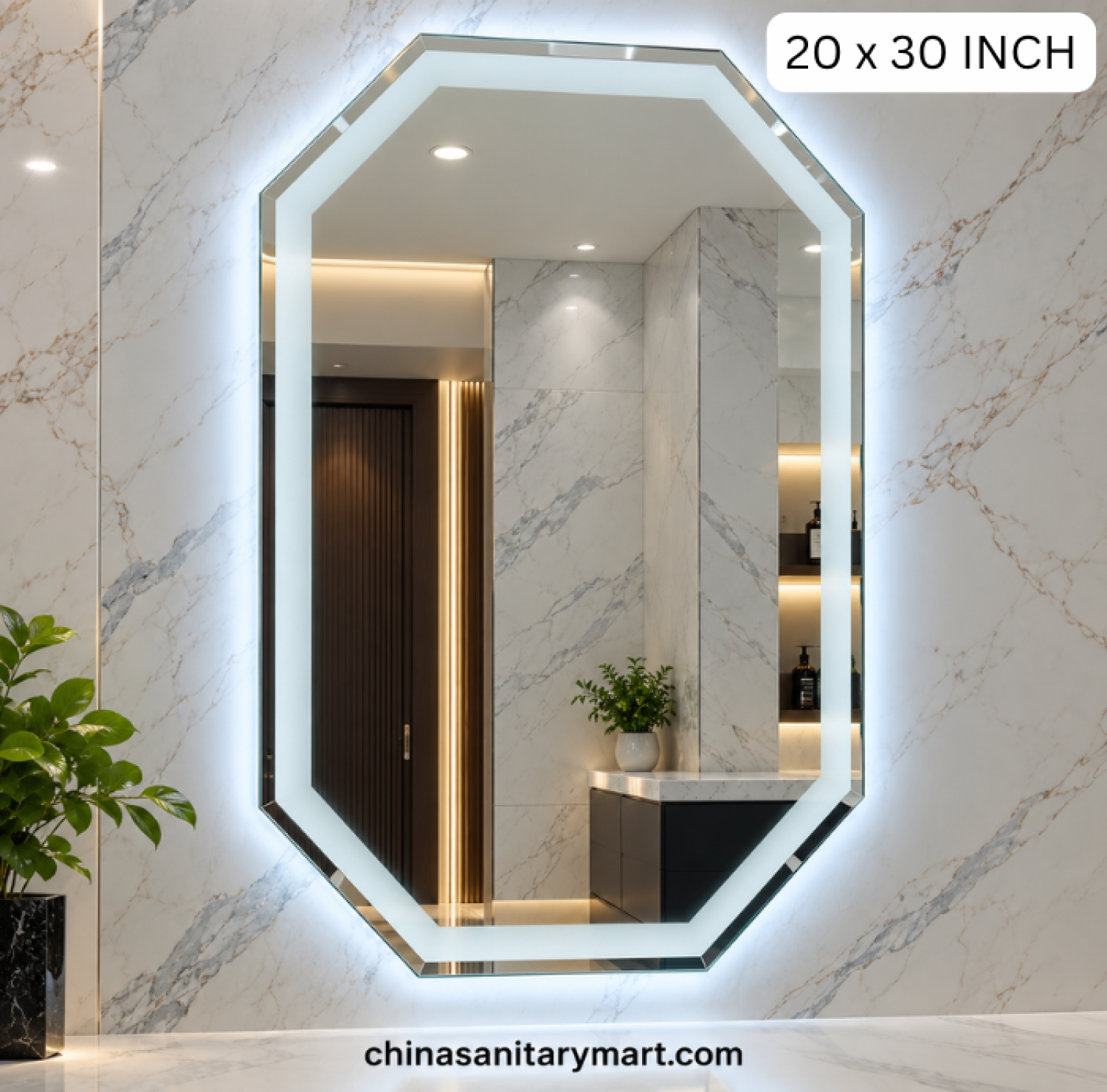 20x30 octagon LED mirror, beveled octagon mirror, frosted inside LED mirror, octagon bathroom mirror, designer LED vanity mirror, modern wall mirror