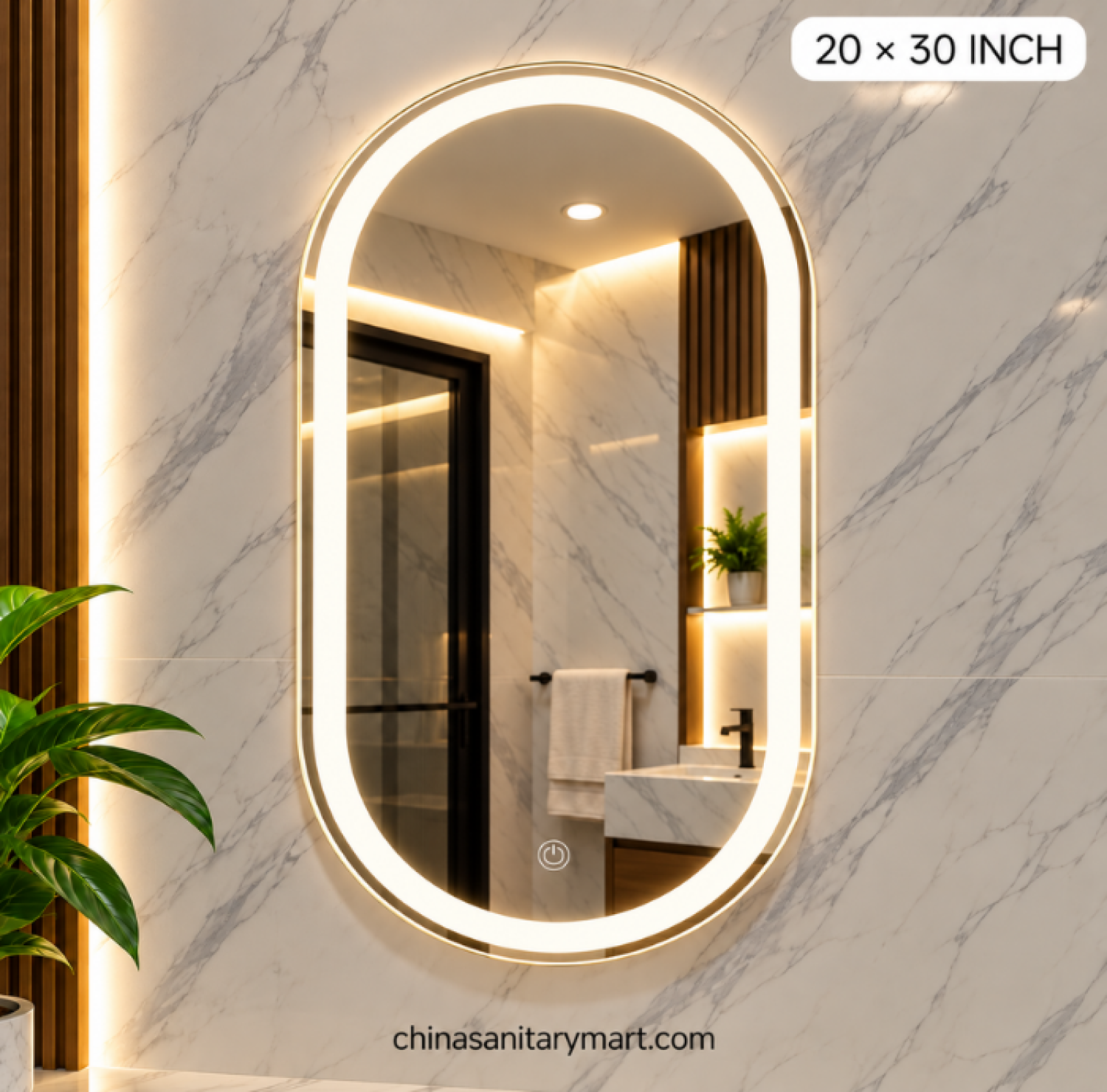 20x30 capsule LED mirror, capsule shape bathroom mirror, frosted inside LED mirror, LED vanity mirror, capsule wall mirror, modern illuminated bathroom mirror