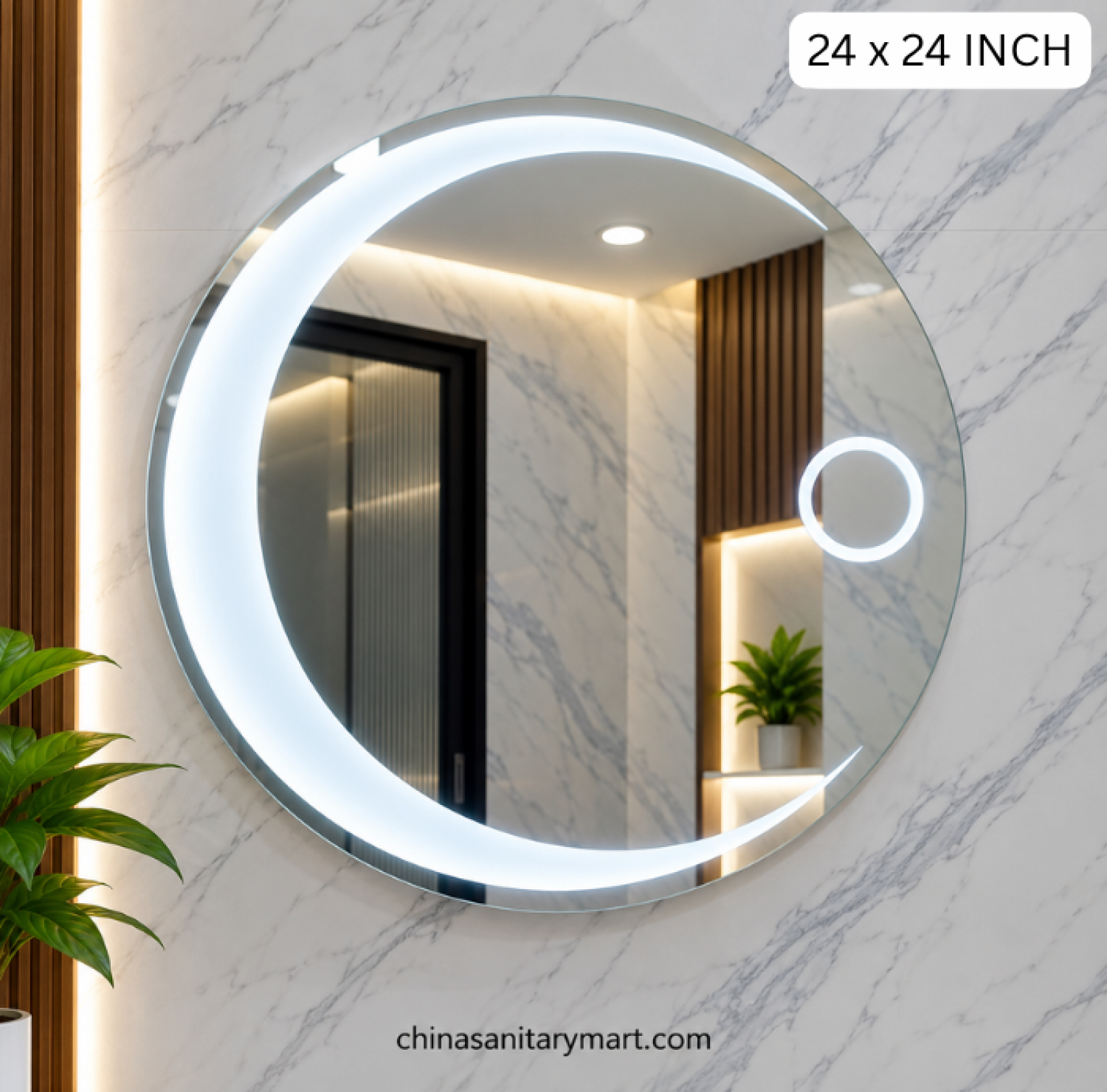 23x31 circular LED mirror, half moon frosted LED mirror, round bathroom mirror, circular vanity mirror, frosted LED wall mirror, designer LED bathroom mirror