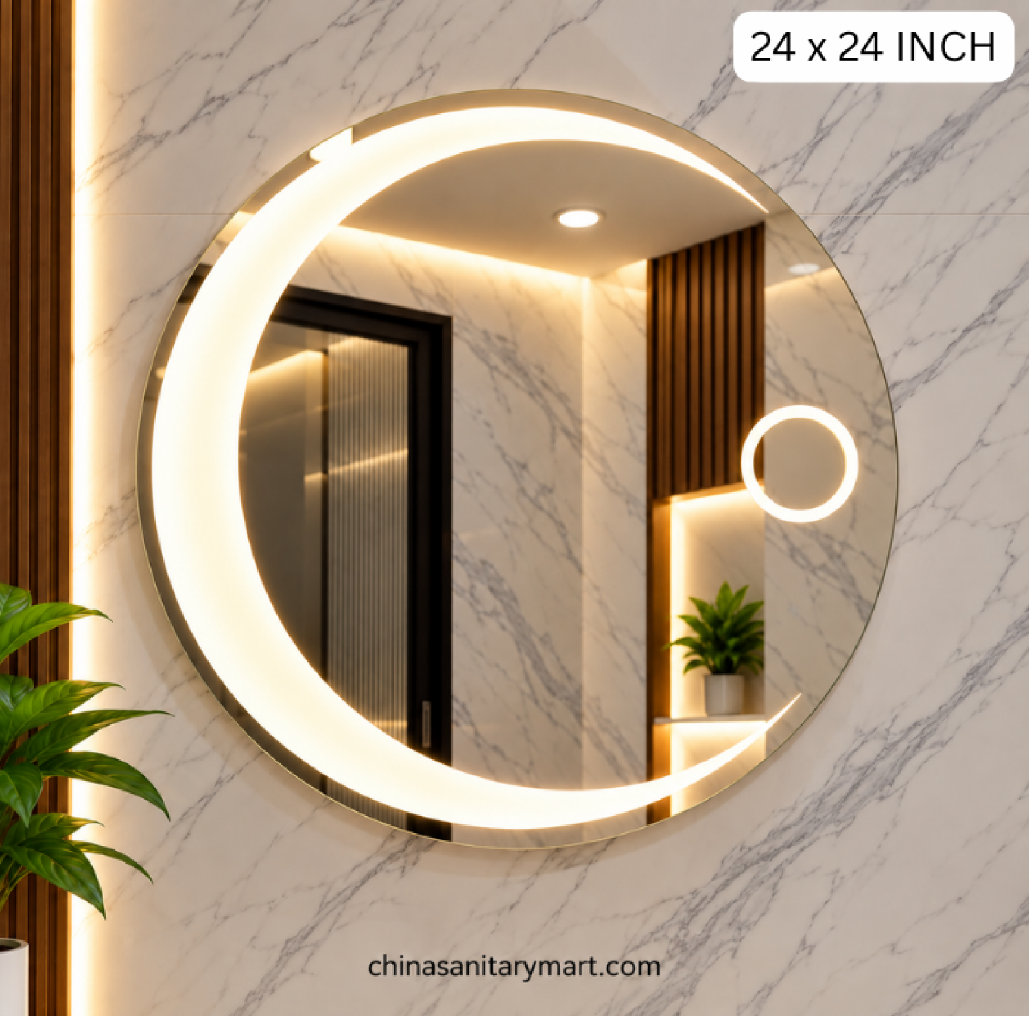 23x31 circular LED mirror, half moon frosted LED mirror, round bathroom mirror, circular vanity mirror, frosted LED wall mirror, designer LED bathroom mirror