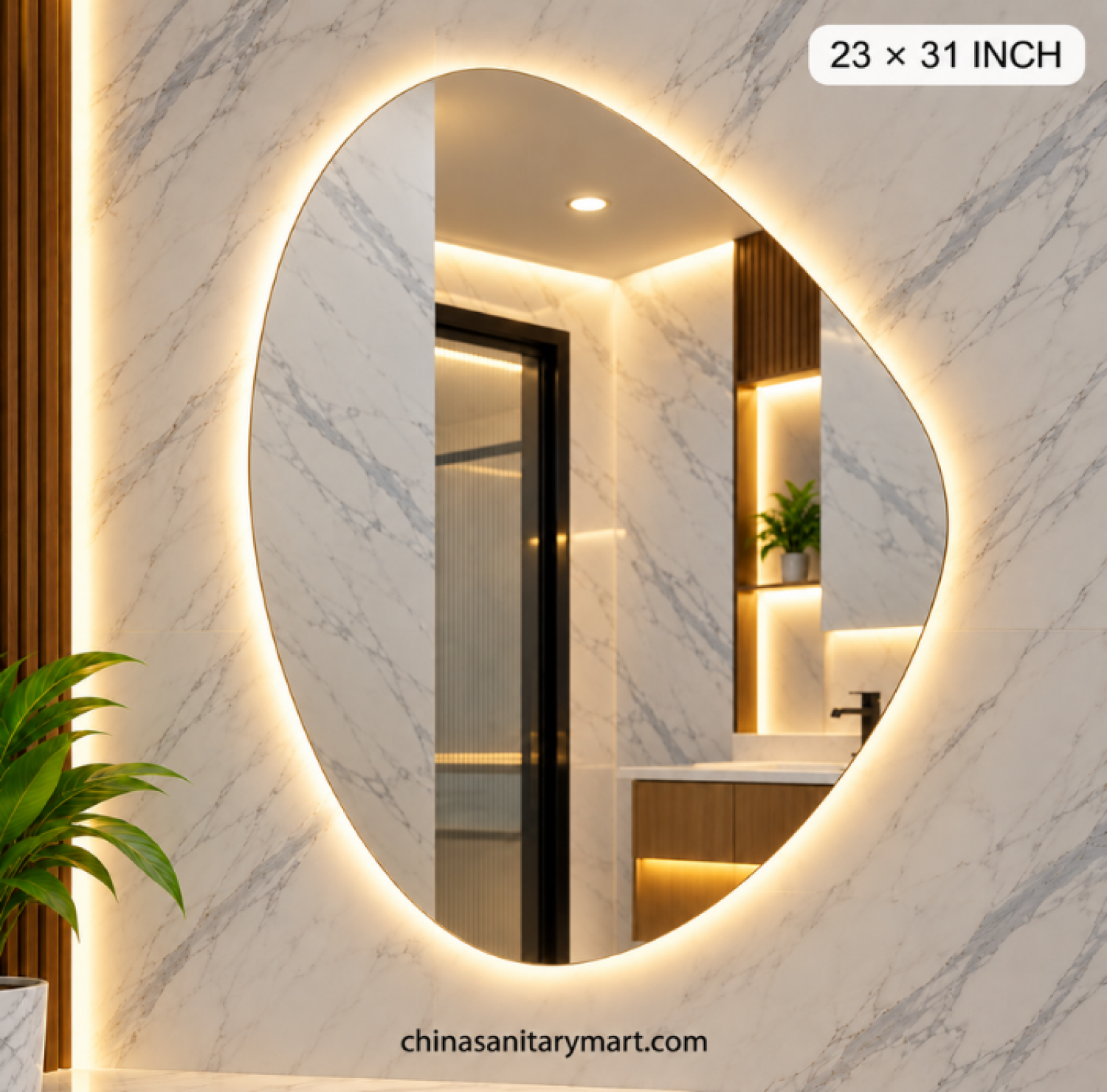 23x31 unique LED mirror, asymmetrical bathroom mirror, unique shape wall mirror, designer LED vanity mirror, curved LED mirror, modern illuminated bathroom mirror