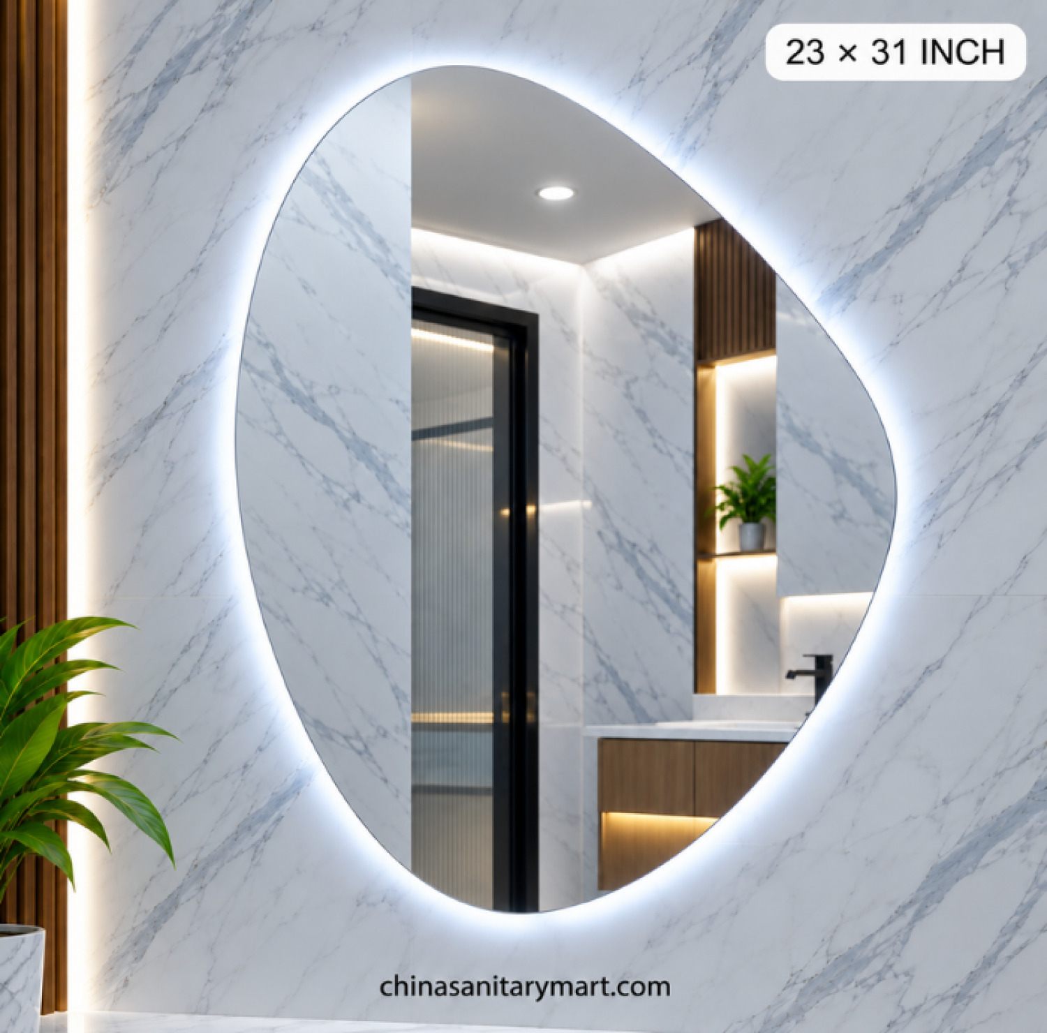 23x31 unique LED mirror, asymmetrical bathroom mirror, unique shape wall mirror, designer LED vanity mirror, curved LED mirror, modern illuminated bathroom mirror