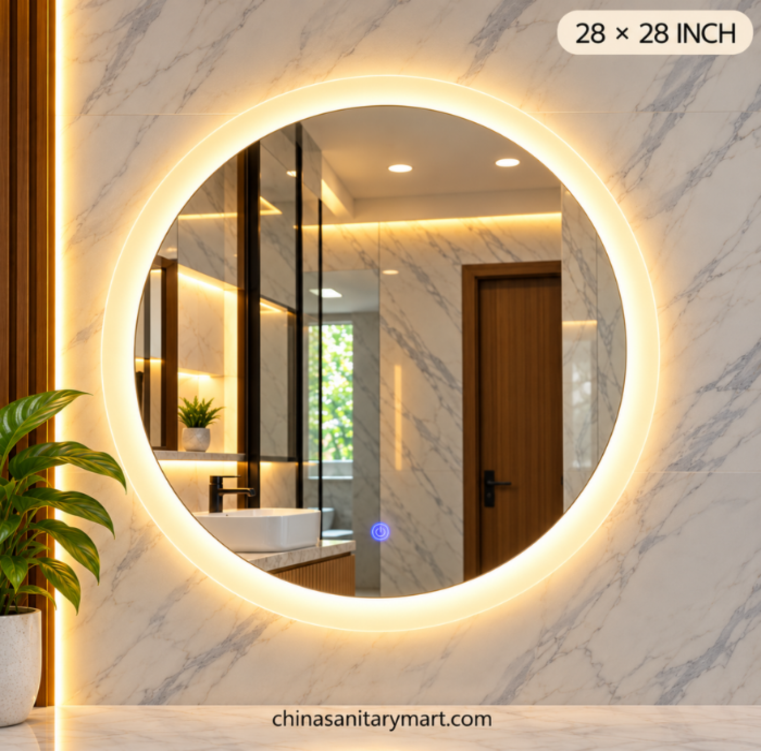28x28 circular LED mirror, frosted edge bathroom mirror, round LED vanity mirror, circular wall mirror, frosted LED mirror, modern round bathroom mirror