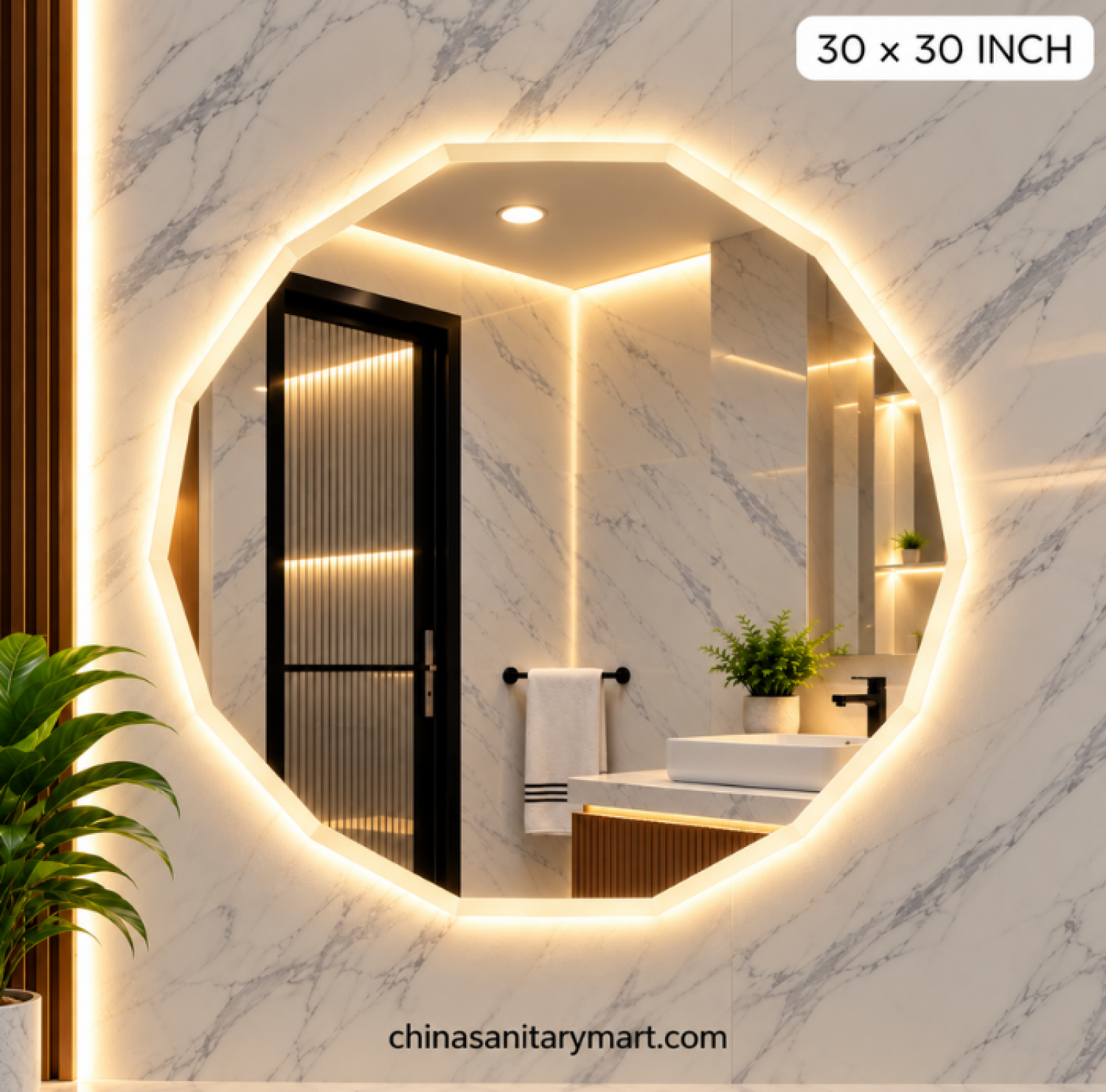 30x30 octagon LED mirror, modern octagon bathroom mirror, frosted edge LED mirror, octagon vanity mirror, geometric bathroom mirror, illuminated octagon mirror