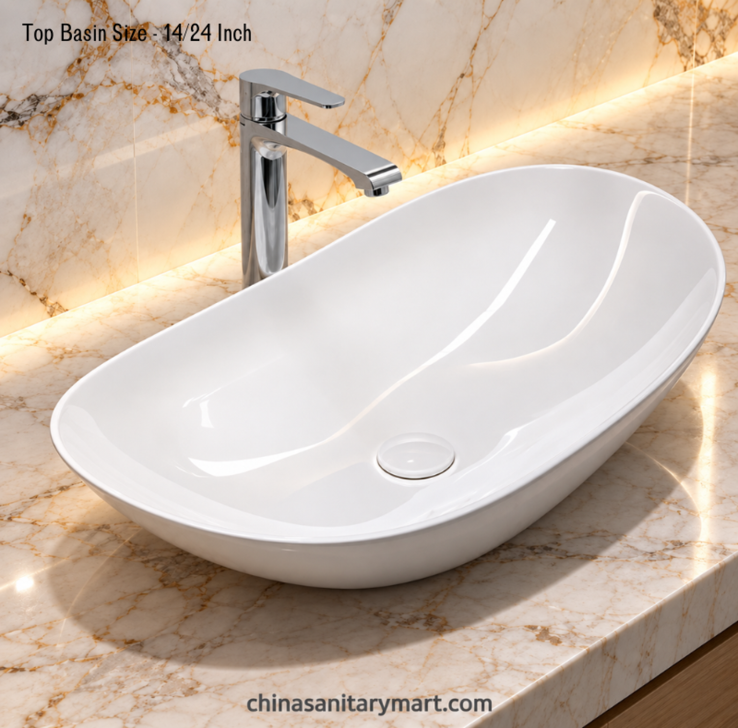 14x24 boat shape white top basin, glossy white countertop basin, elongated bathroom wash basin, modern white vanity basin, curved boat shape basin
