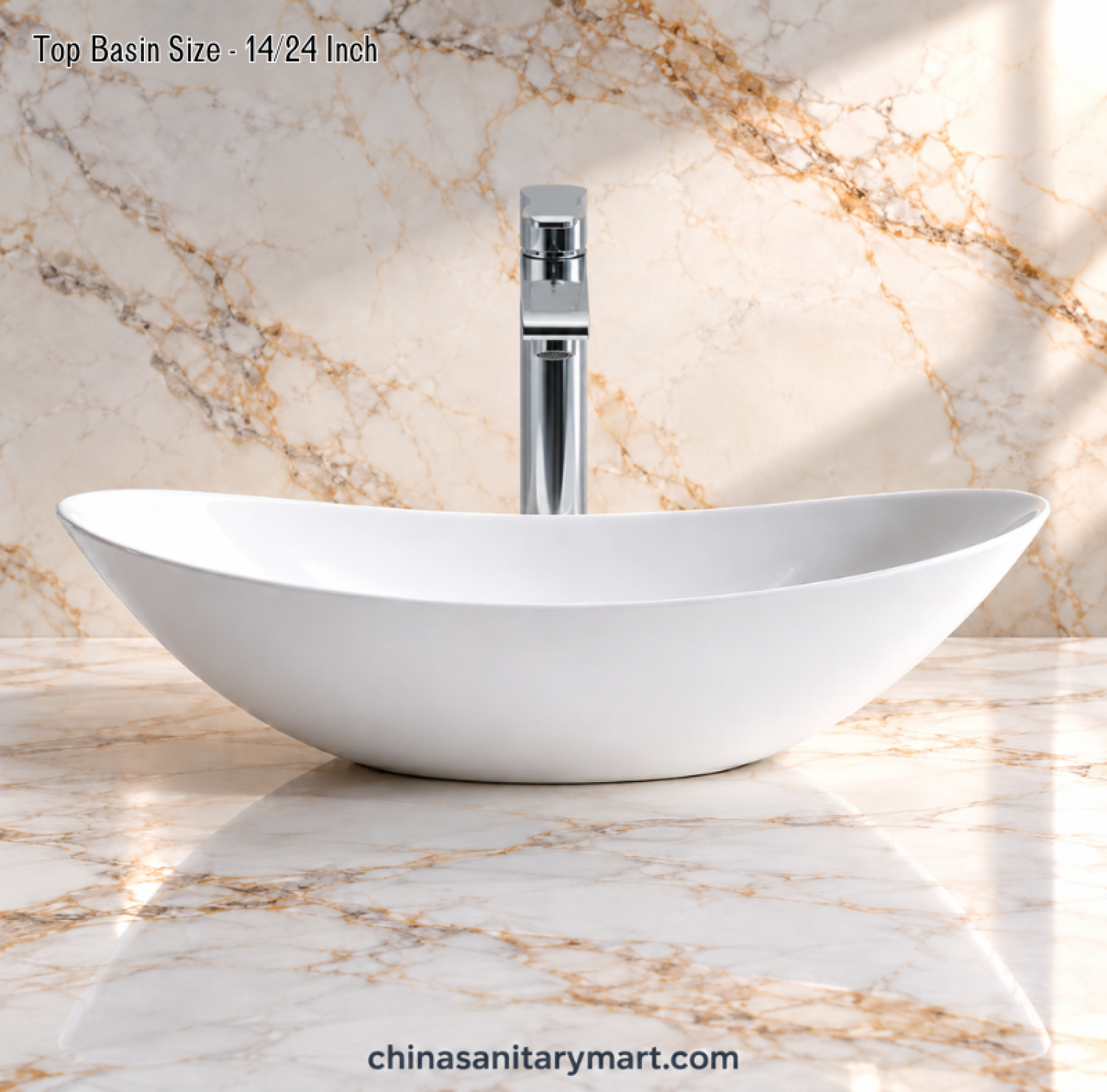 14x24 boat shape white top basin, glossy white countertop basin, elongated bathroom wash basin, modern white vanity basin, curved boat shape basin